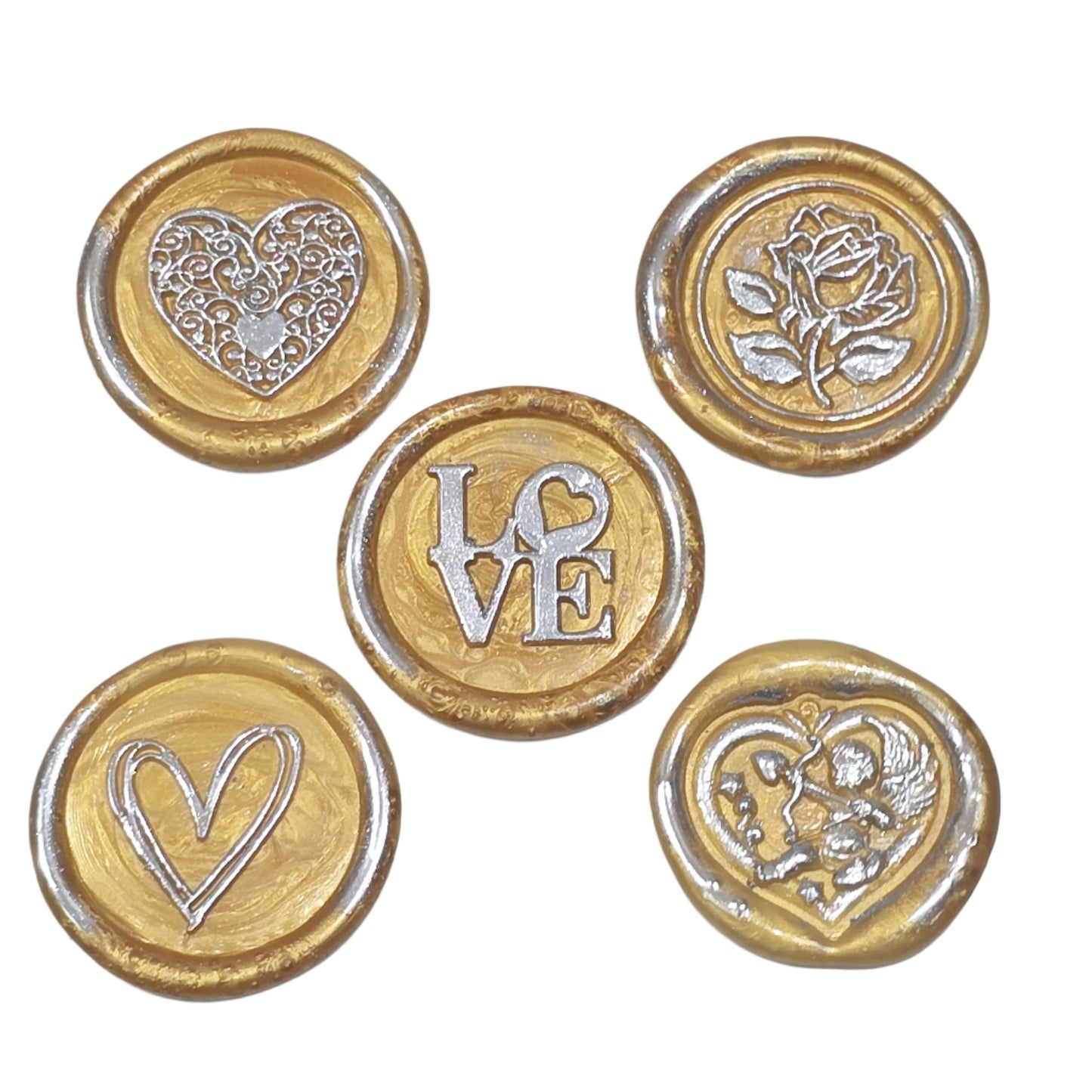 Wax Seals Gold Silver Assorted Styles Set of Five - Handmade Adhesive Seals for Cards, Gifts & More with Hearts, Rose & Love Design