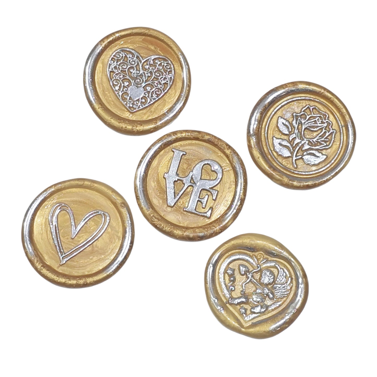 Wax Seals Gold Silver Assorted Styles Set of Five - Handmade Adhesive Seals for Cards, Gifts & More with Hearts, Rose & Love Design