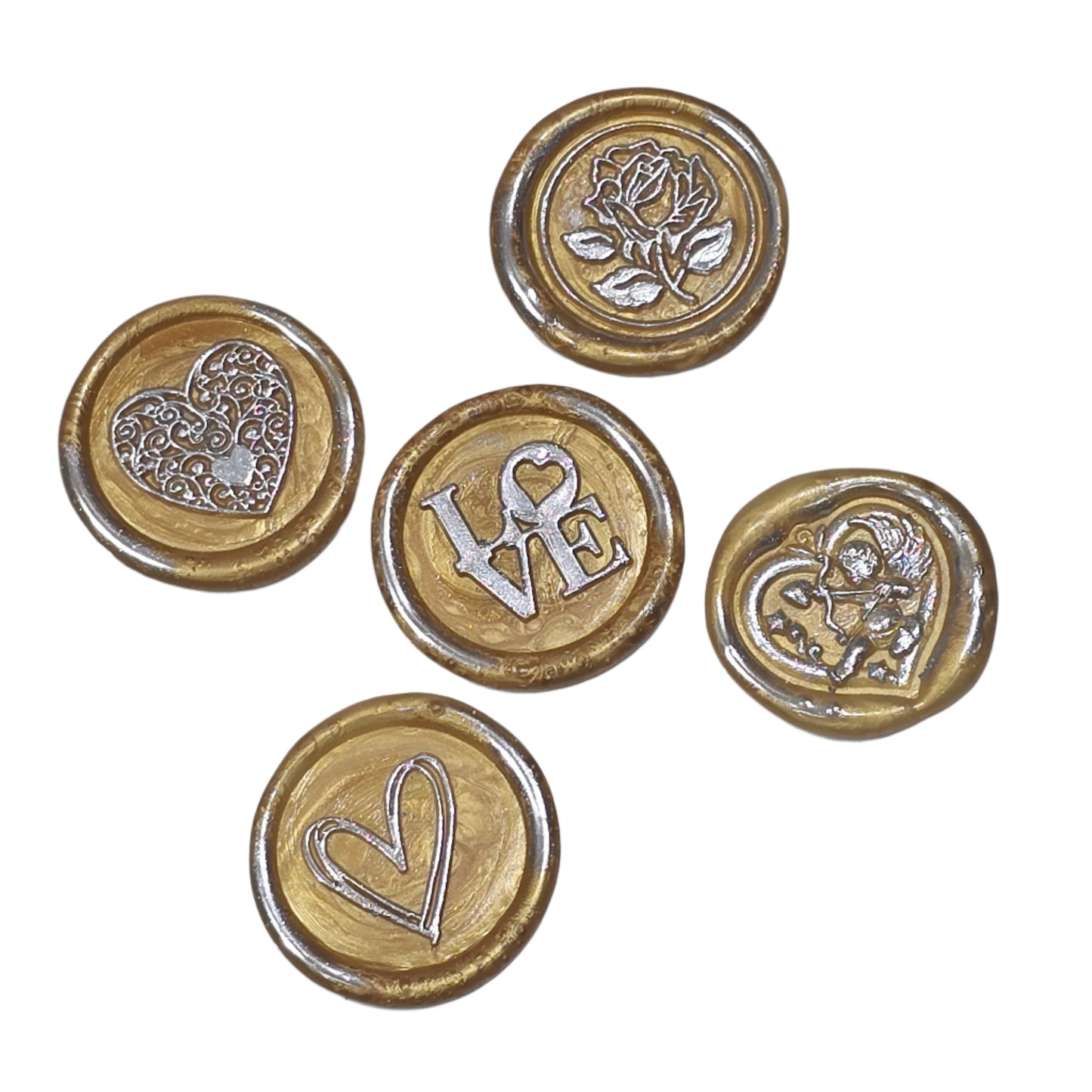 Wax Seals Gold Silver Assorted Styles Set of Five - Handmade Adhesive Seals for Cards, Gifts & More with Hearts, Rose & Love Design
