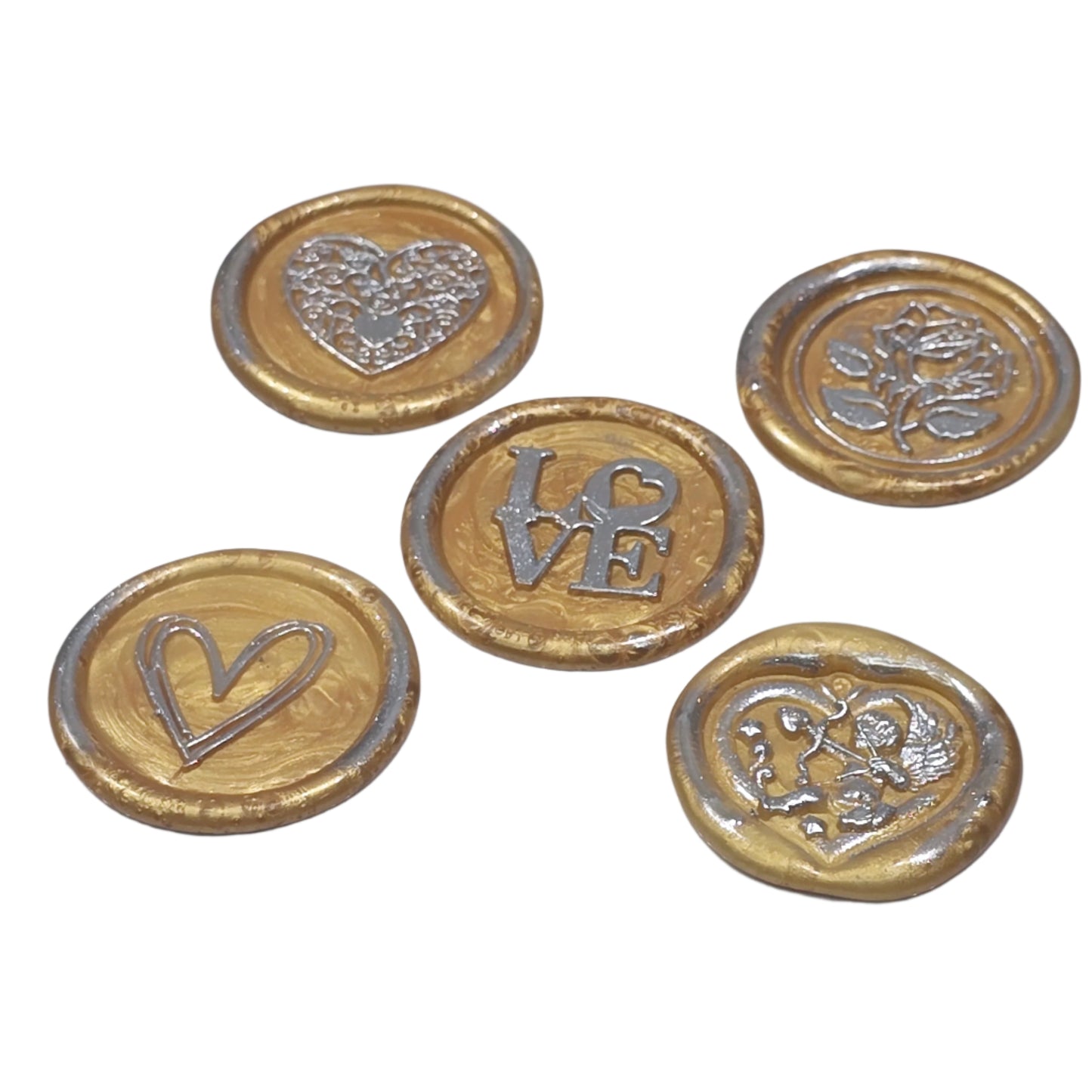 Wax Seals Gold Silver Assorted Styles Set of Five - Handmade Adhesive Seals for Cards, Gifts & More with Hearts, Rose & Love Design