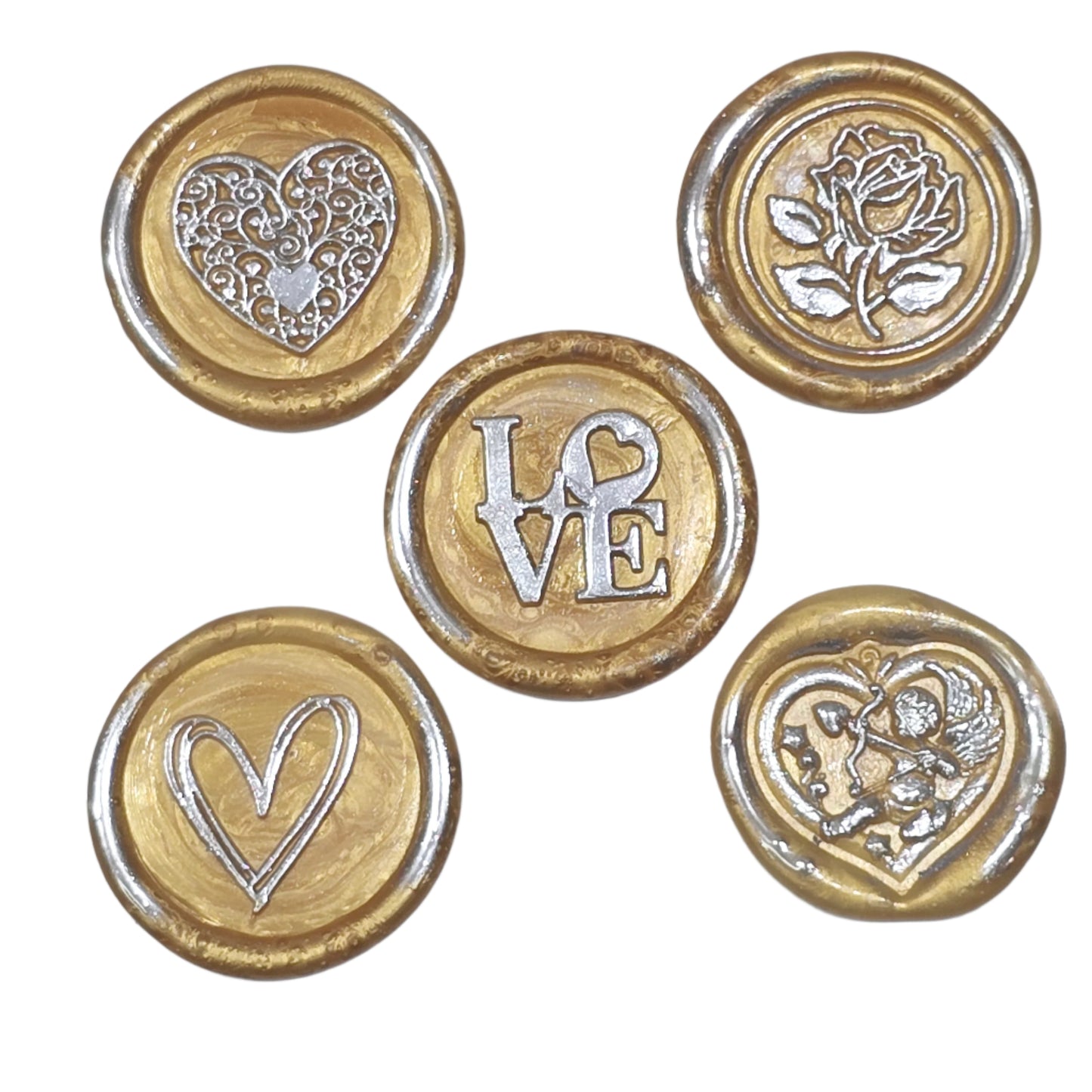 Wax Seals Gold Silver Assorted Styles Set of Five - Handmade Adhesive Seals for Cards, Gifts & More with Hearts, Rose & Love Design