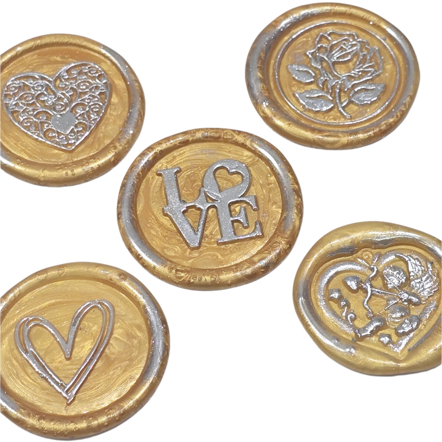 Wax Seals Gold Silver Assorted Styles Set of Five - Handmade Adhesive Seals for Cards, Gifts & More with Hearts, Rose & Love Design