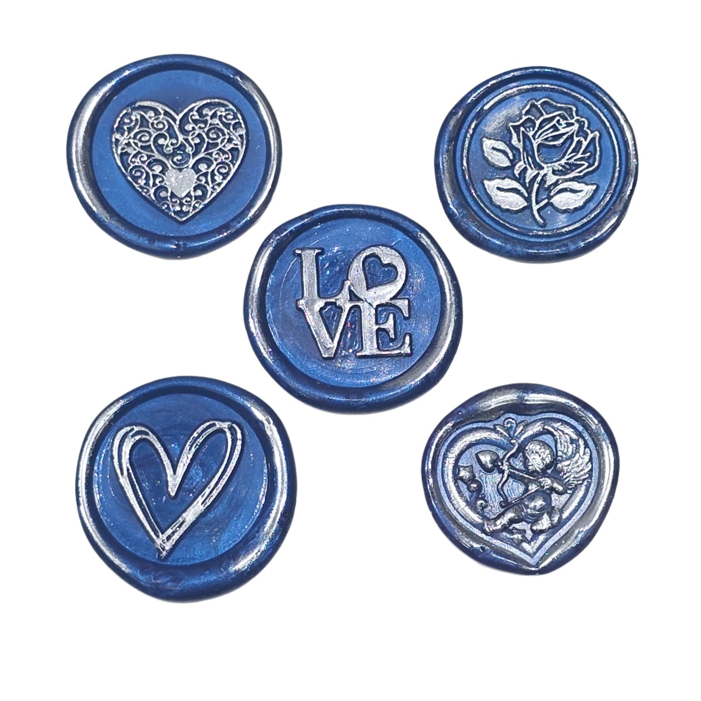 Romantic Wax Seals Blue Silver Assorted Styles Set of Five - Handmade Adhesive Seals for Cards, Gifts & More with Hearts, Rose & Love Design