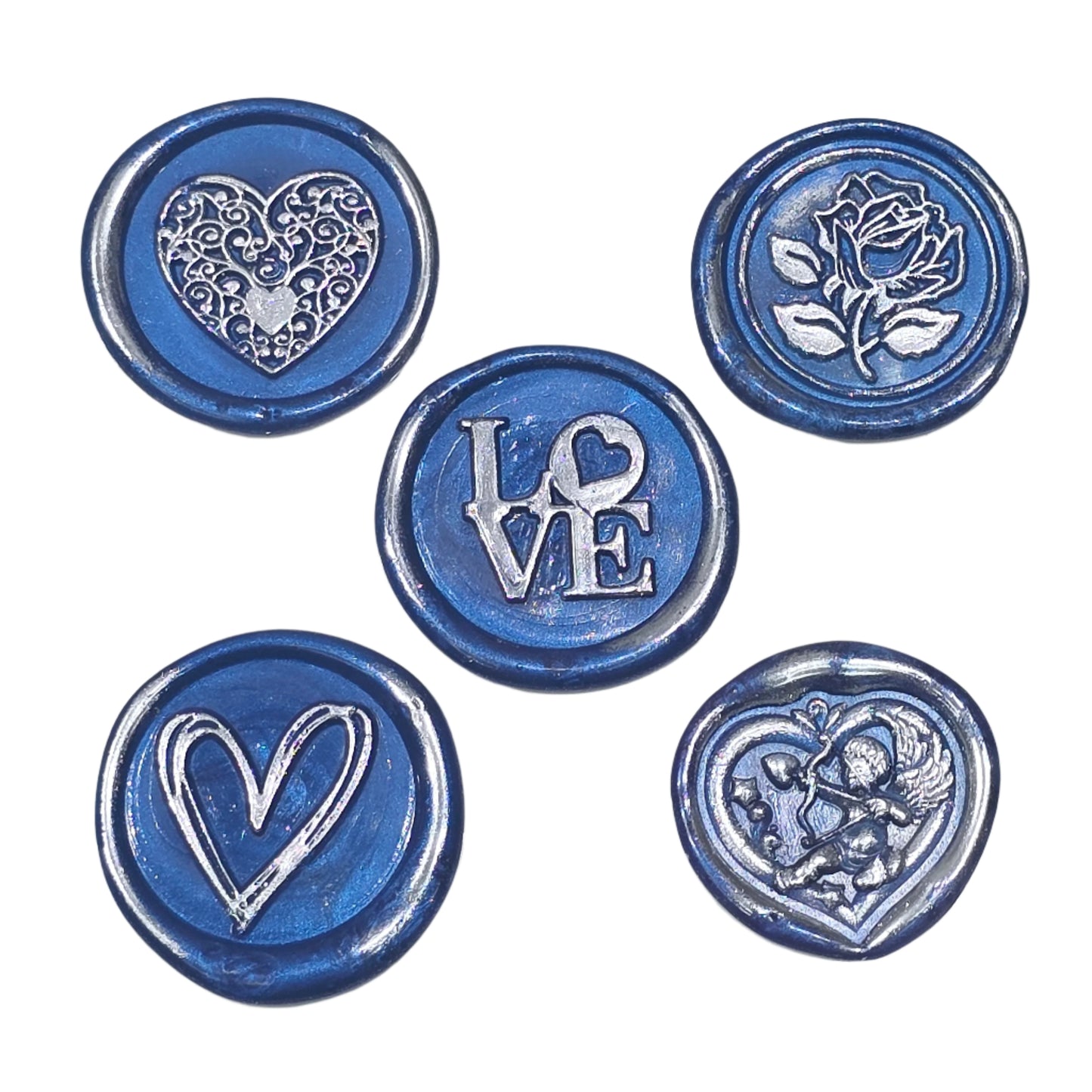 Romantic Wax Seals Blue Silver Assorted Styles Set of Five - Handmade Adhesive Seals for Cards, Gifts & More with Hearts, Rose & Love Design