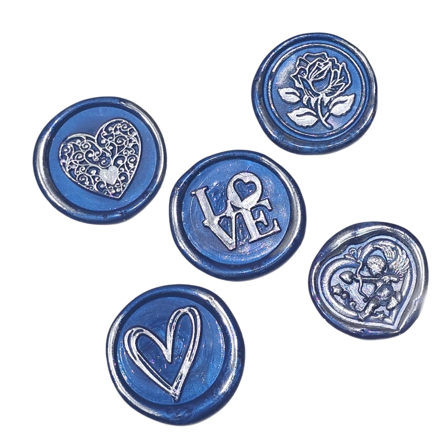 Romantic Wax Seals Blue Silver Assorted Styles Set of Five - Handmade Adhesive Seals for Cards, Gifts & More with Hearts, Rose & Love Design