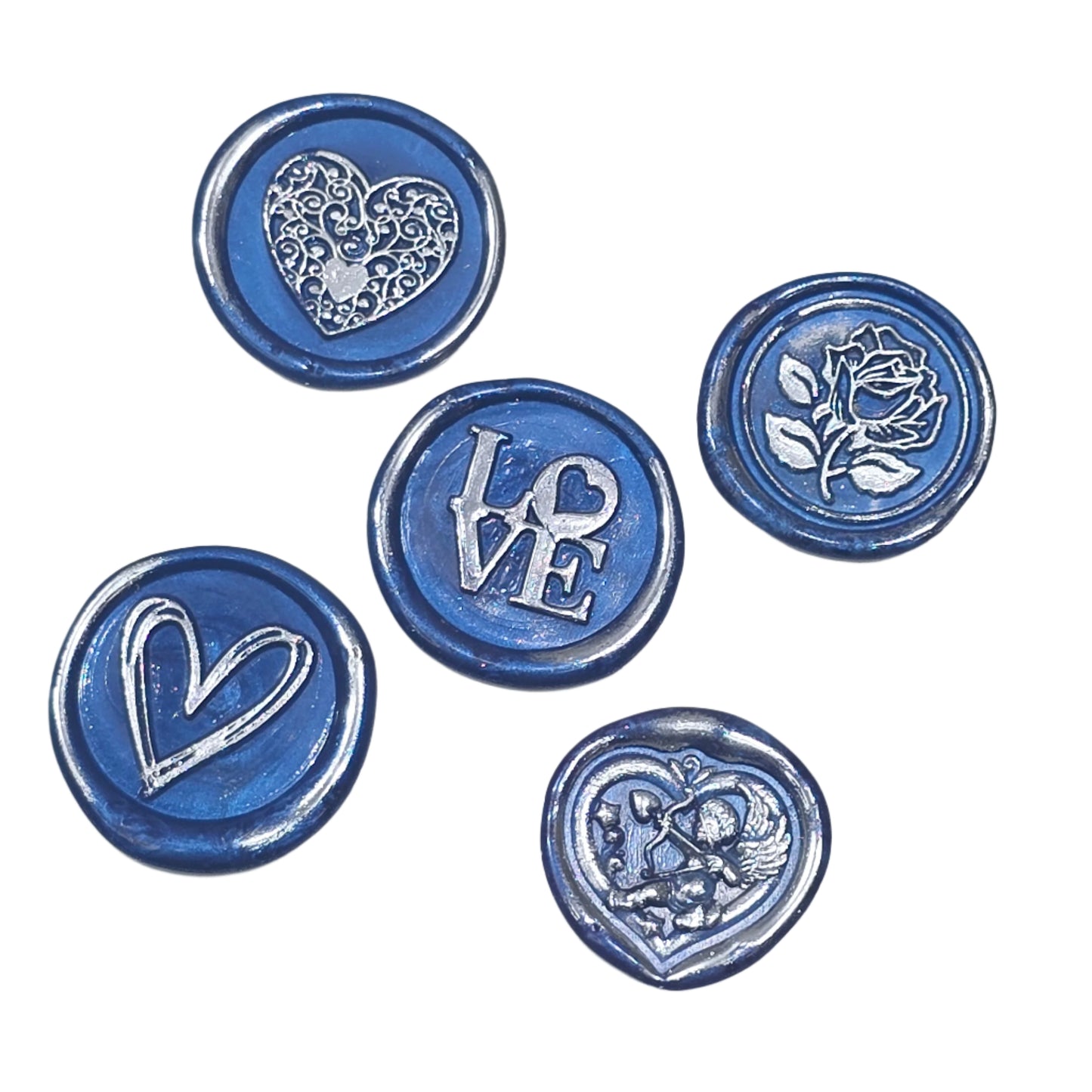 Romantic Wax Seals Blue Silver Assorted Styles Set of Five - Handmade Adhesive Seals for Cards, Gifts & More with Hearts, Rose & Love Design