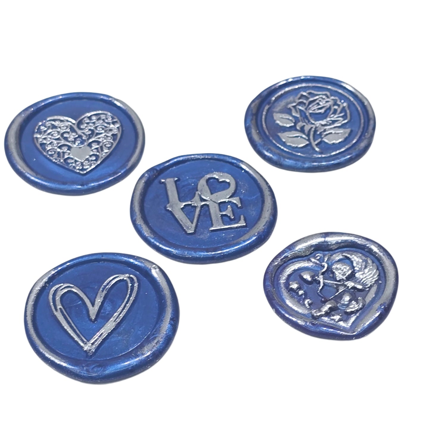 Romantic Wax Seals Blue Silver Assorted Styles Set of Five - Handmade Adhesive Seals for Cards, Gifts & More with Hearts, Rose & Love Design