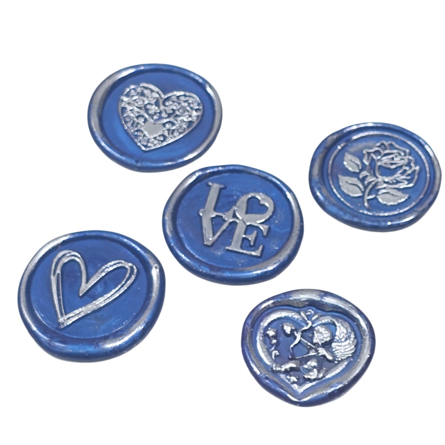 Romantic Wax Seals Blue Silver Assorted Styles Set of Five - Handmade Adhesive Seals for Cards, Gifts & More with Hearts, Rose & Love Design