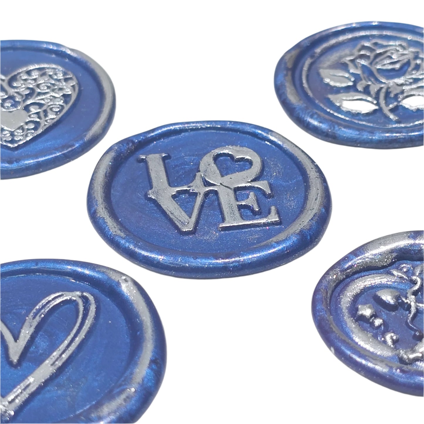 Romantic Wax Seals Blue Silver Assorted Styles Set of Five - Handmade Adhesive Seals for Cards, Gifts & More with Hearts, Rose & Love Design