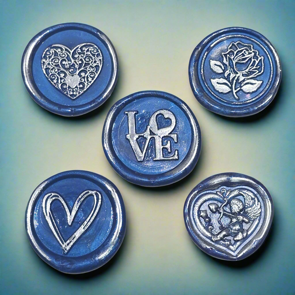 Romantic Wax Seals Blue Silver Assorted Styles Set of Five - Handmade Adhesive Seals for Cards, Gifts & More with Hearts, Rose & Love Design