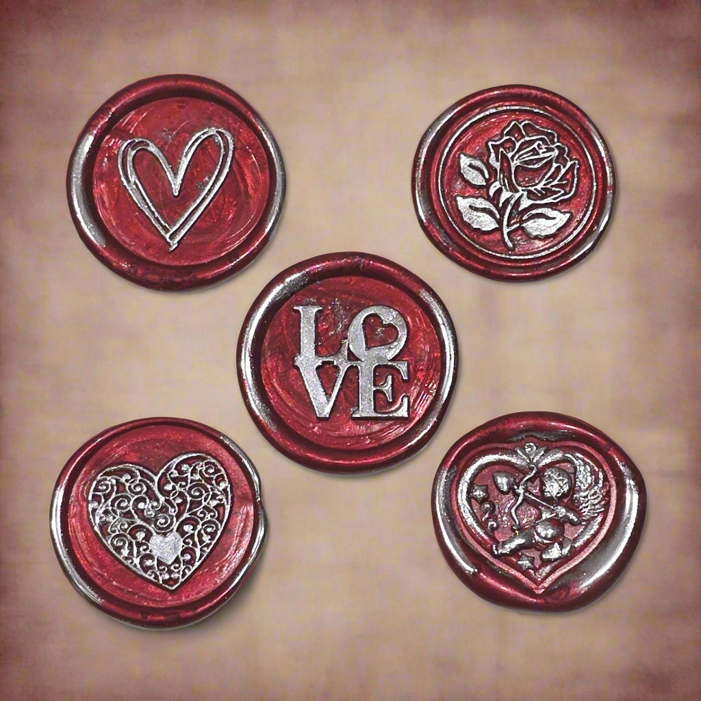 Romantic Wax Seals Red Silver Assorted Styles Set of Five with Adhesive Seals for Cards, Gifts & More with Hearts, Rose & Love Design