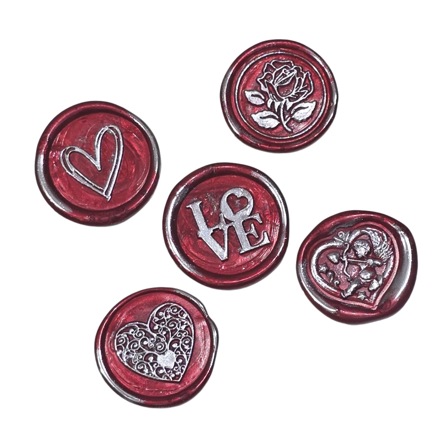 Romantic Wax Seals Red Silver Assorted Styles Set of Five with Adhesive Seals for Cards, Gifts & More with Hearts, Rose & Love Design