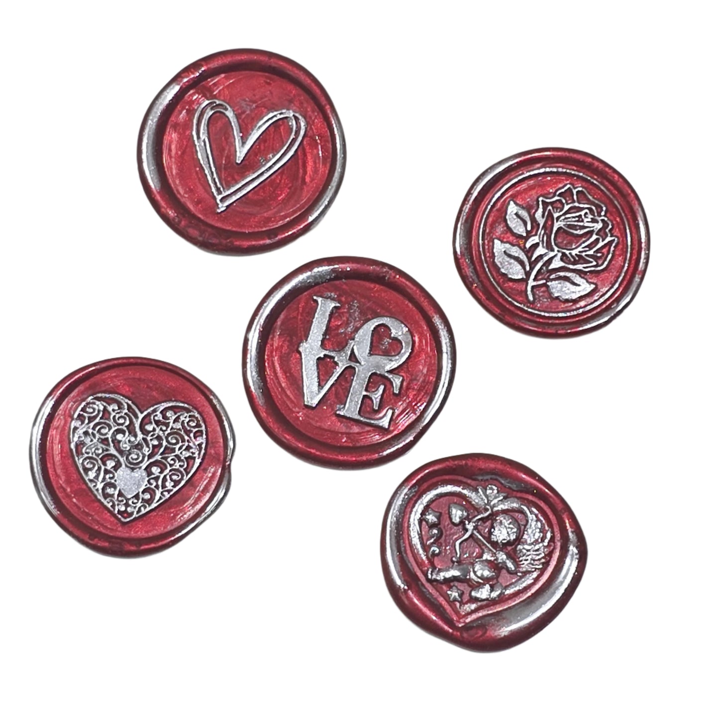 Romantic Wax Seals Red Silver Assorted Styles Set of Five with Adhesive Seals for Cards, Gifts & More with Hearts, Rose & Love Design