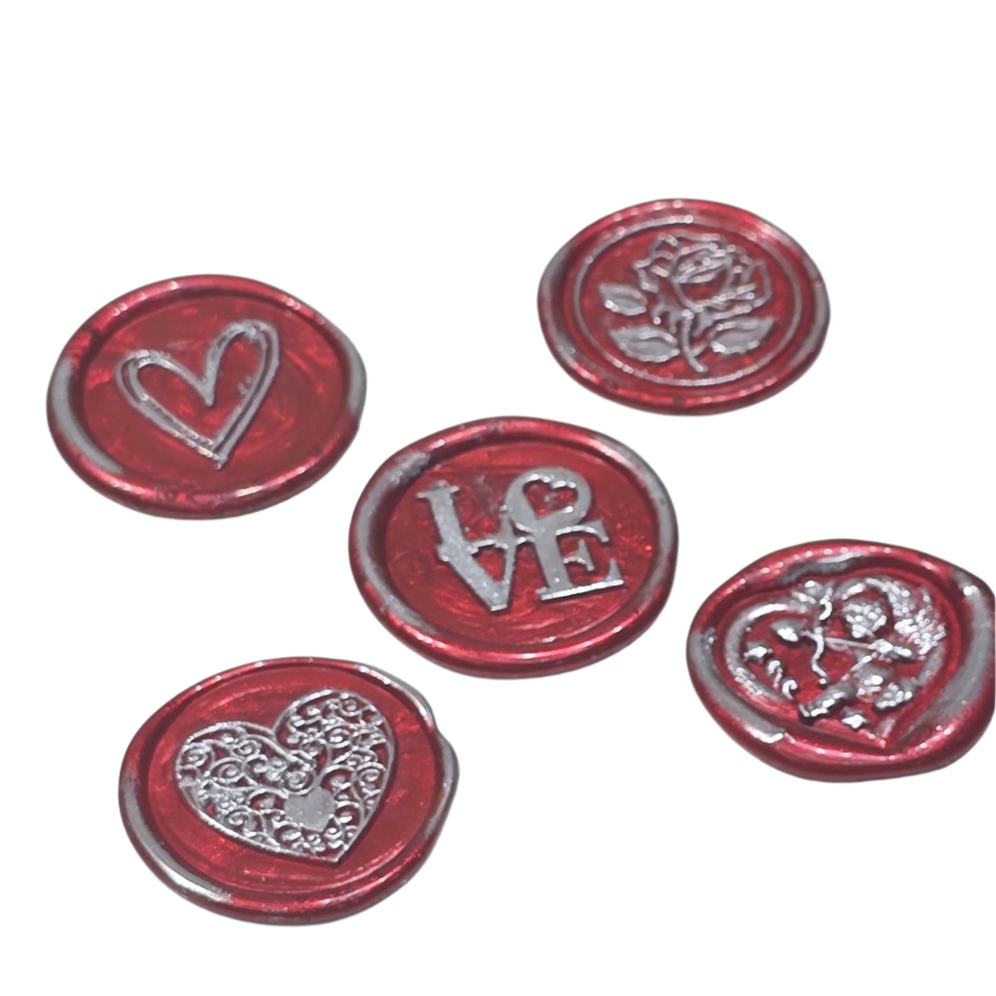 Romantic Wax Seals Red Silver Assorted Styles Set of Five with Adhesive Seals for Cards, Gifts & More with Hearts, Rose & Love Design