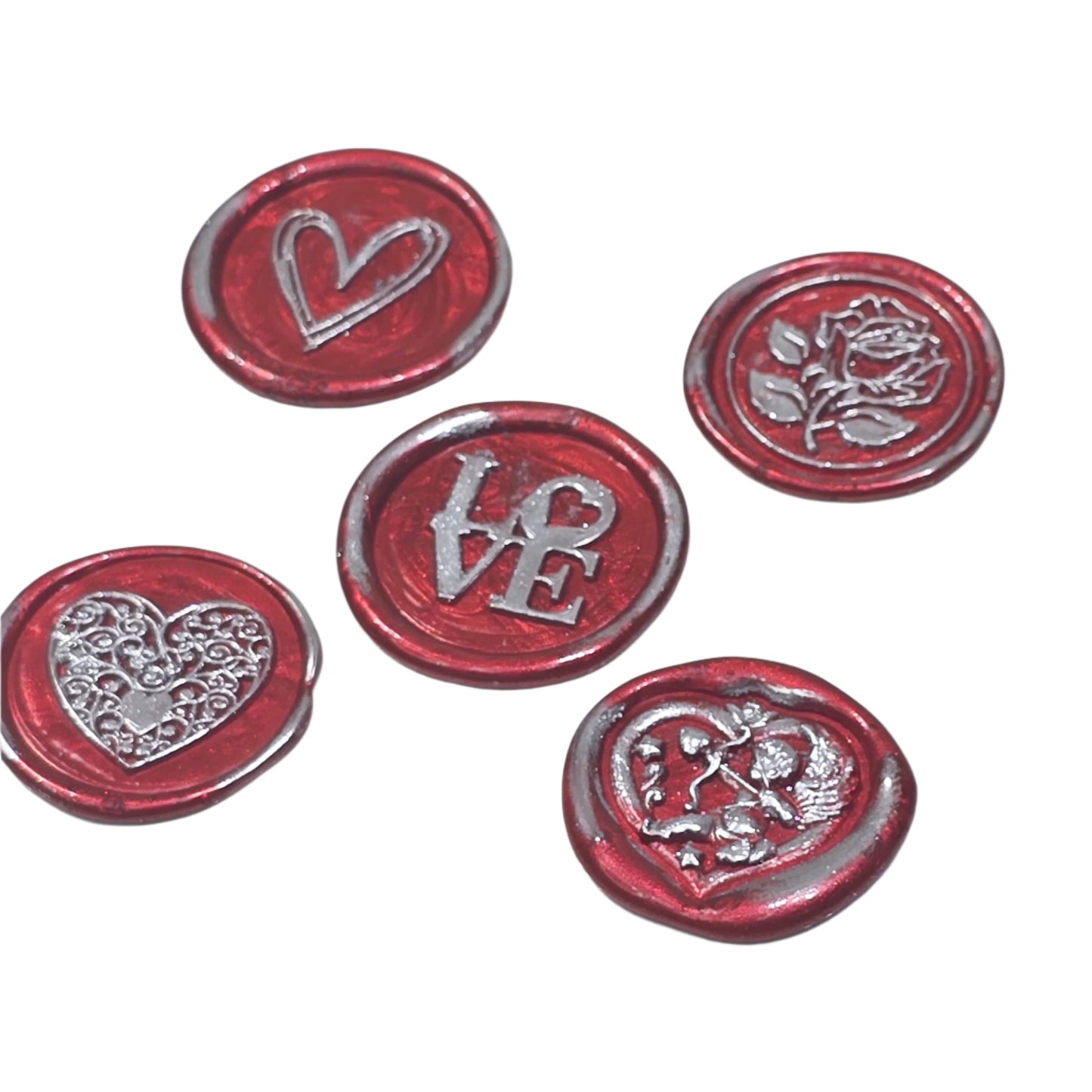 Romantic Wax Seals Red Silver Assorted Styles Set of Five with Adhesive Seals for Cards, Gifts & More with Hearts, Rose & Love Design