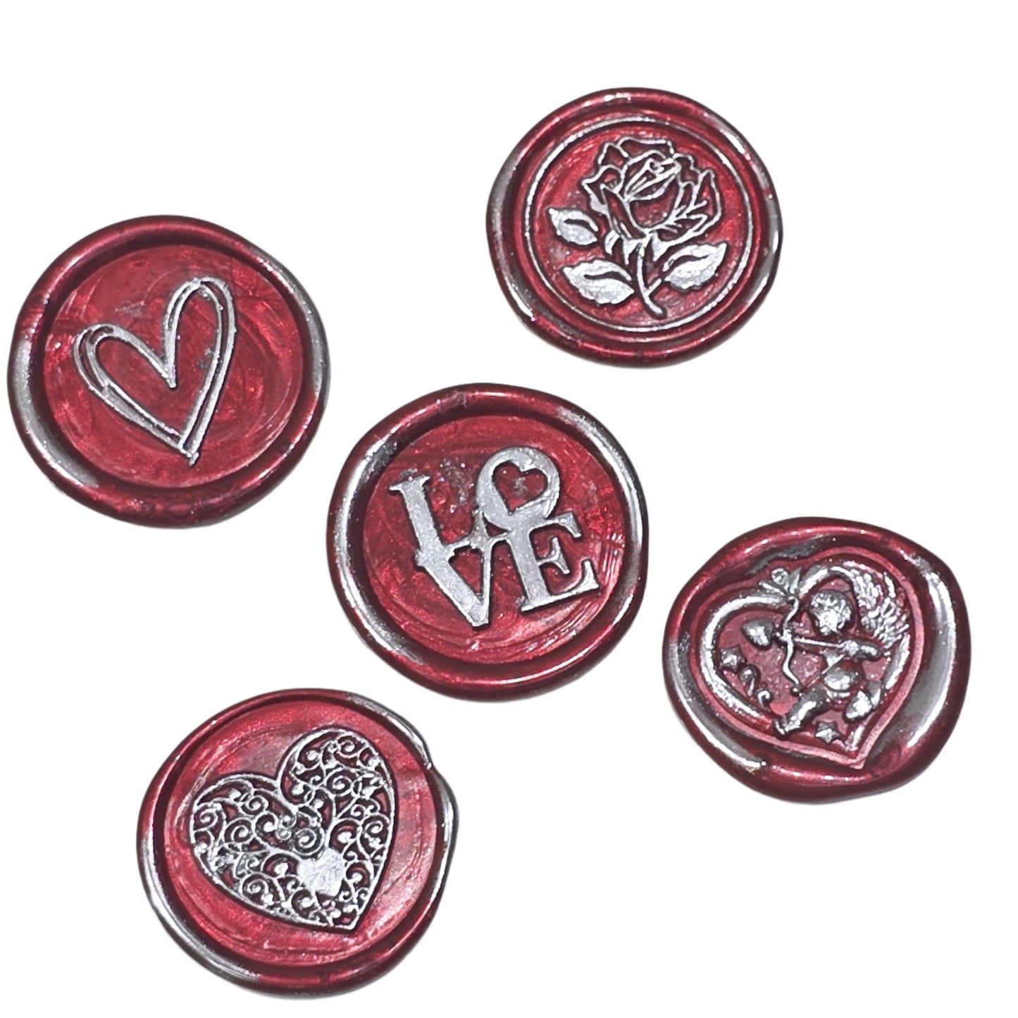 Romantic Wax Seals Red Silver Assorted Styles Set of Five with Adhesive Seals for Cards, Gifts & More with Hearts, Rose & Love Design