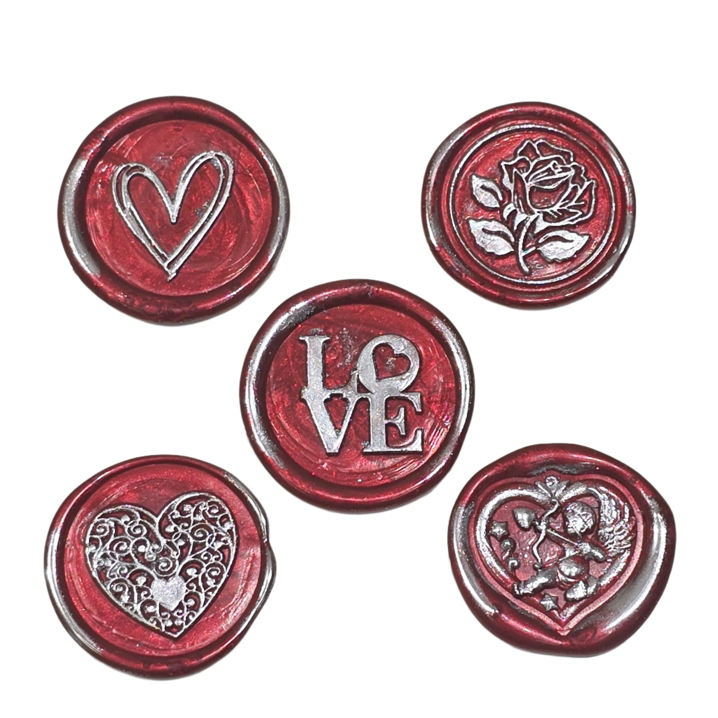 Romantic Wax Seals Red Silver Assorted Styles Set of Five with Adhesive Seals for Cards, Gifts & More with Hearts, Rose & Love Design