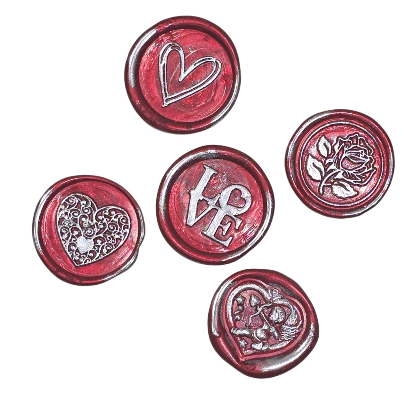 Romantic Wax Seals Red Silver Assorted Styles Set of Five with Adhesive Seals for Cards, Gifts & More with Hearts, Rose & Love Design