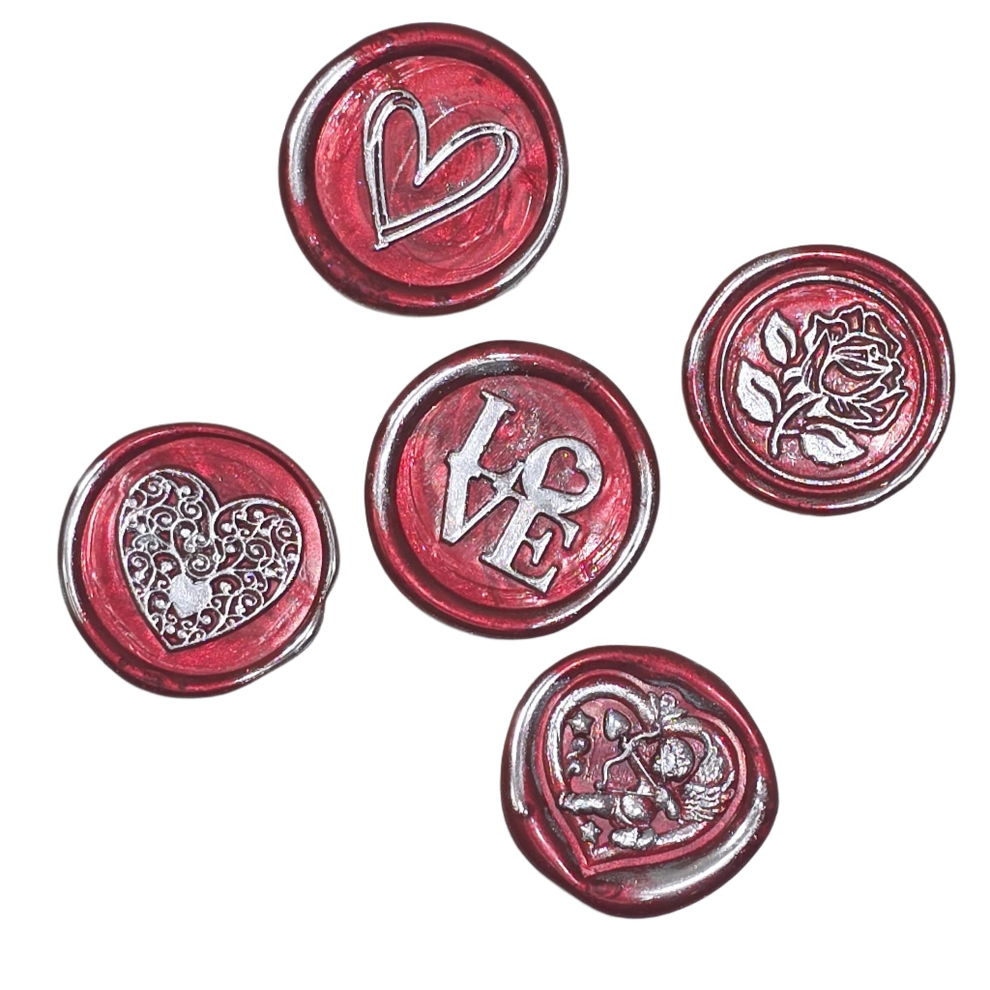 Romantic Wax Seals Red Silver Assorted Styles Set of Five with Adhesive Seals for Cards, Gifts & More with Hearts, Rose & Love Design