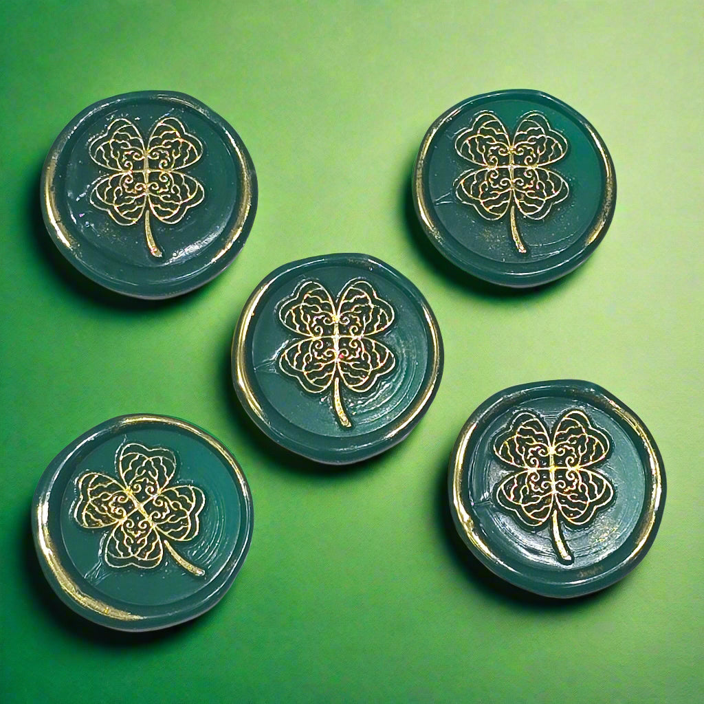 Four Leaf Clover Lucky Green & Gold Wax Seals, Set of Five for Invitations, Cards & Gifts