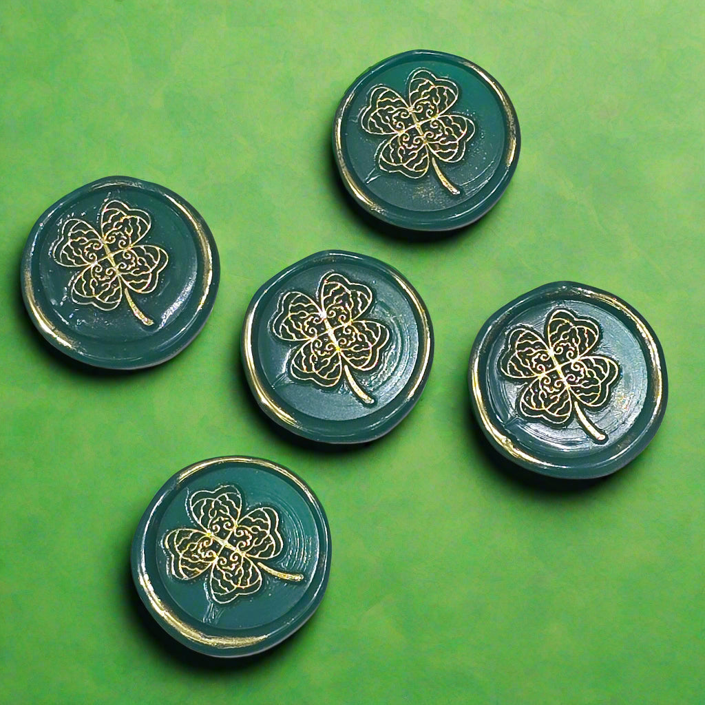 Four Leaf Clover Lucky Green & Gold Wax Seals, Set of Five for Invitations, Cards & Gifts