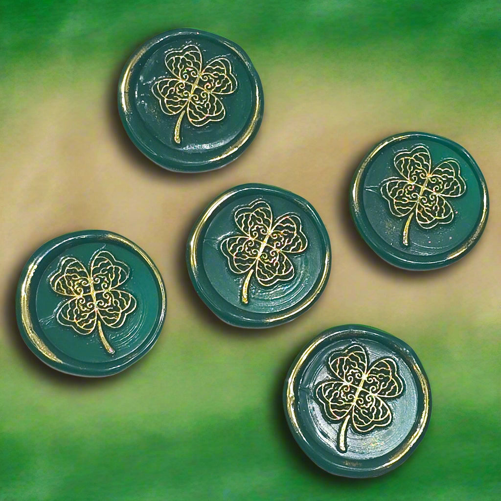 Four Leaf Clover Lucky Green & Gold Wax Seals, Set of Five for Invitations, Cards & Gifts