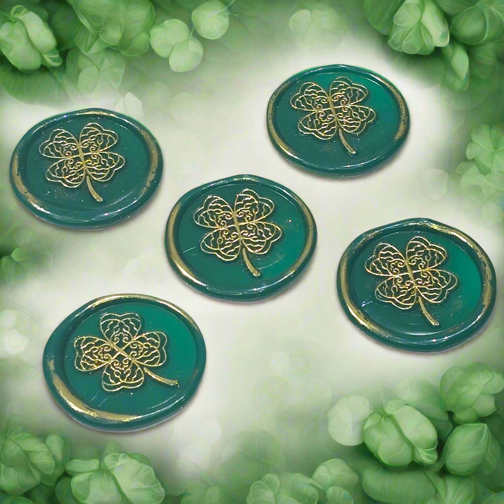 Four Leaf Clover Lucky Green & Gold Wax Seals, Set of Five for Invitations, Cards & Gifts