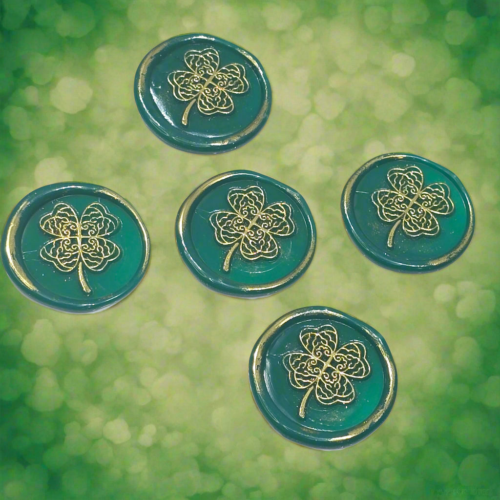 Four Leaf Clover Lucky Green & Gold Wax Seals, Set of Five for Invitations, Cards & Gifts