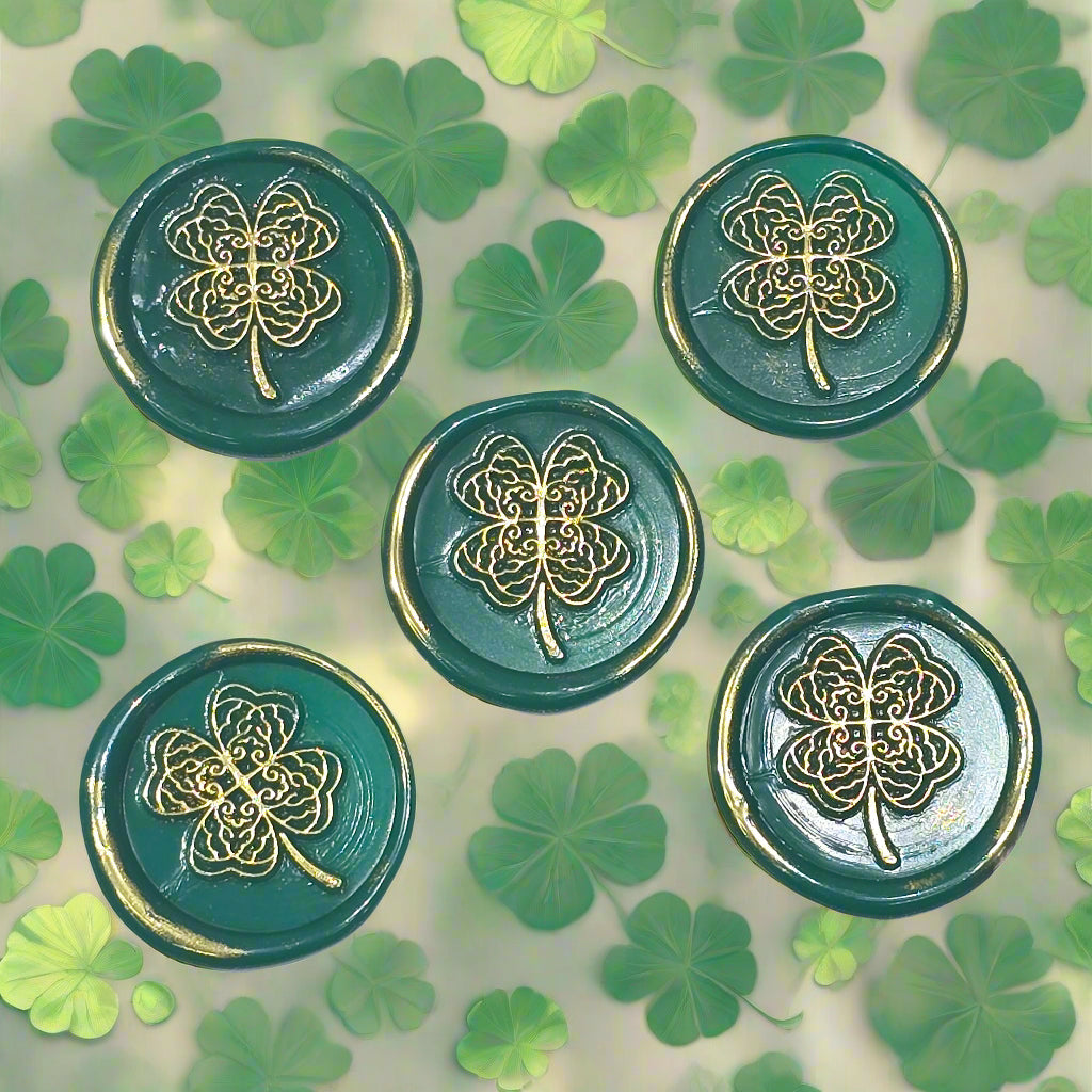 Four Leaf Clover Lucky Green & Gold Wax Seals, Set of Five for Invitations, Cards & Gifts