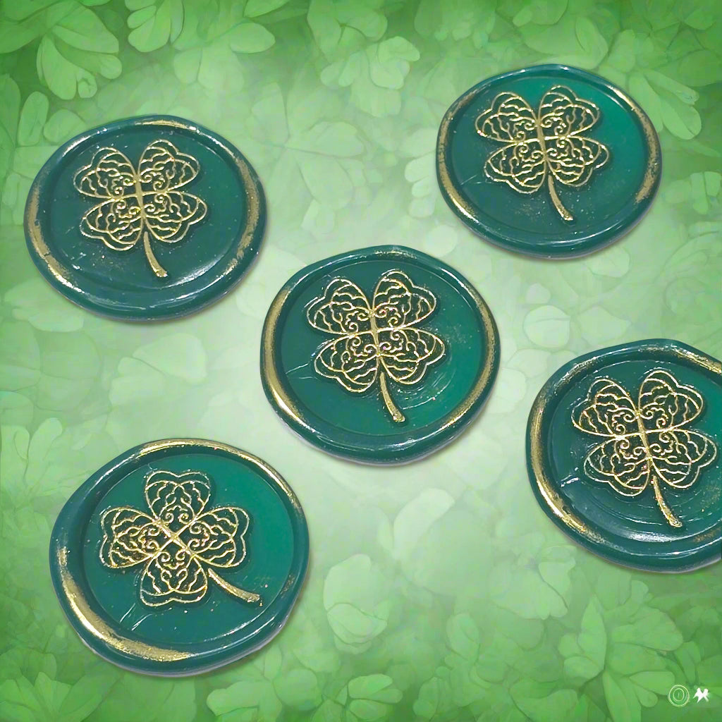 Four Leaf Clover Lucky Green & Gold Wax Seals, Set of Five for Invitations, Cards & Gifts