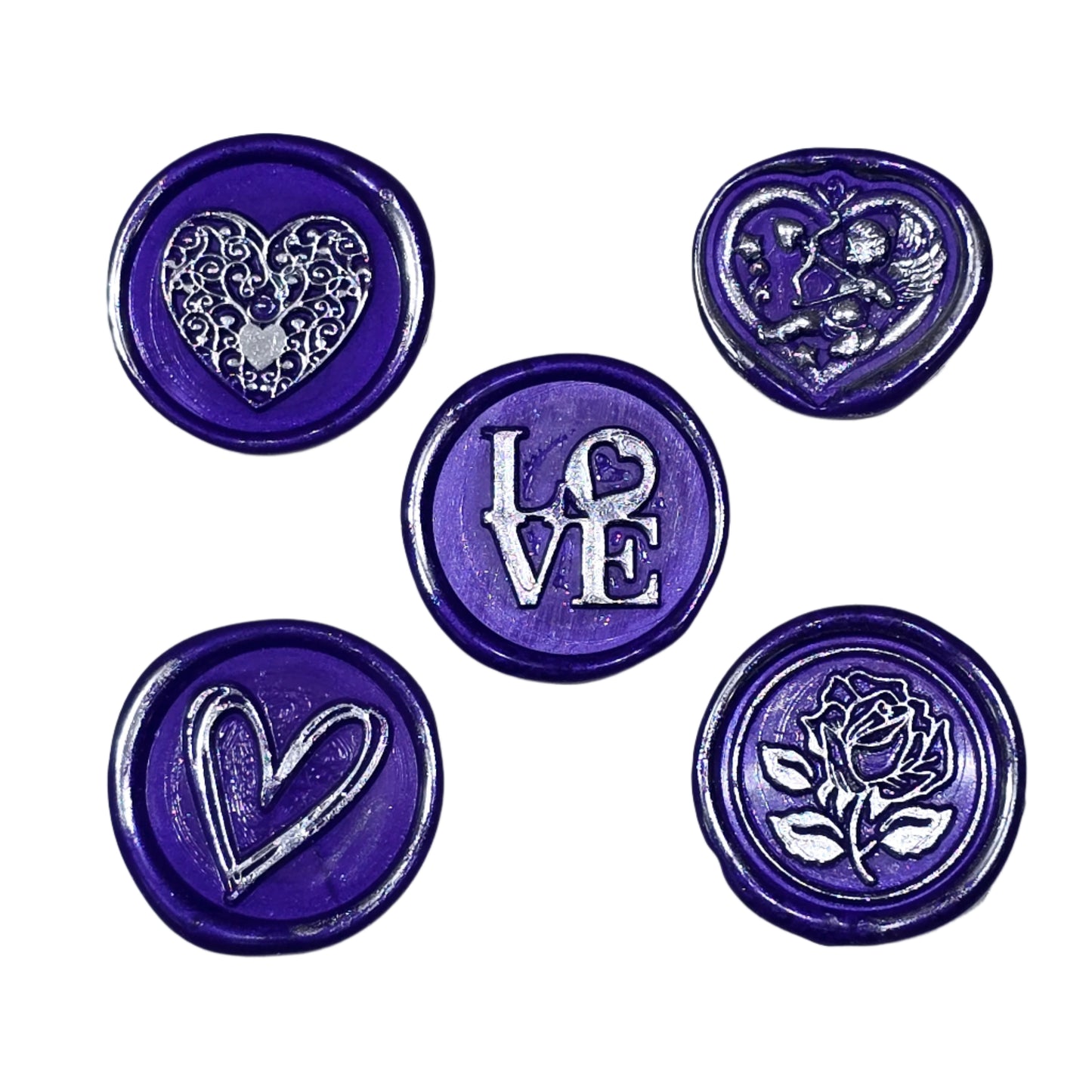 Wax Seals Purple Silver Assorted Styles Set of Five - Handmade Adhesive Seals for Cards, Gifts & More with Hearts, Rose & Love Design