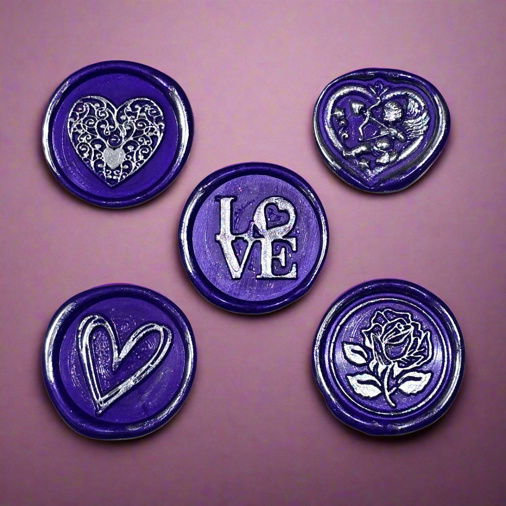 Wax Seals Purple Silver Assorted Styles Set of Five - Handmade Adhesive Seals for Cards, Gifts & More with Hearts, Rose & Love Design
