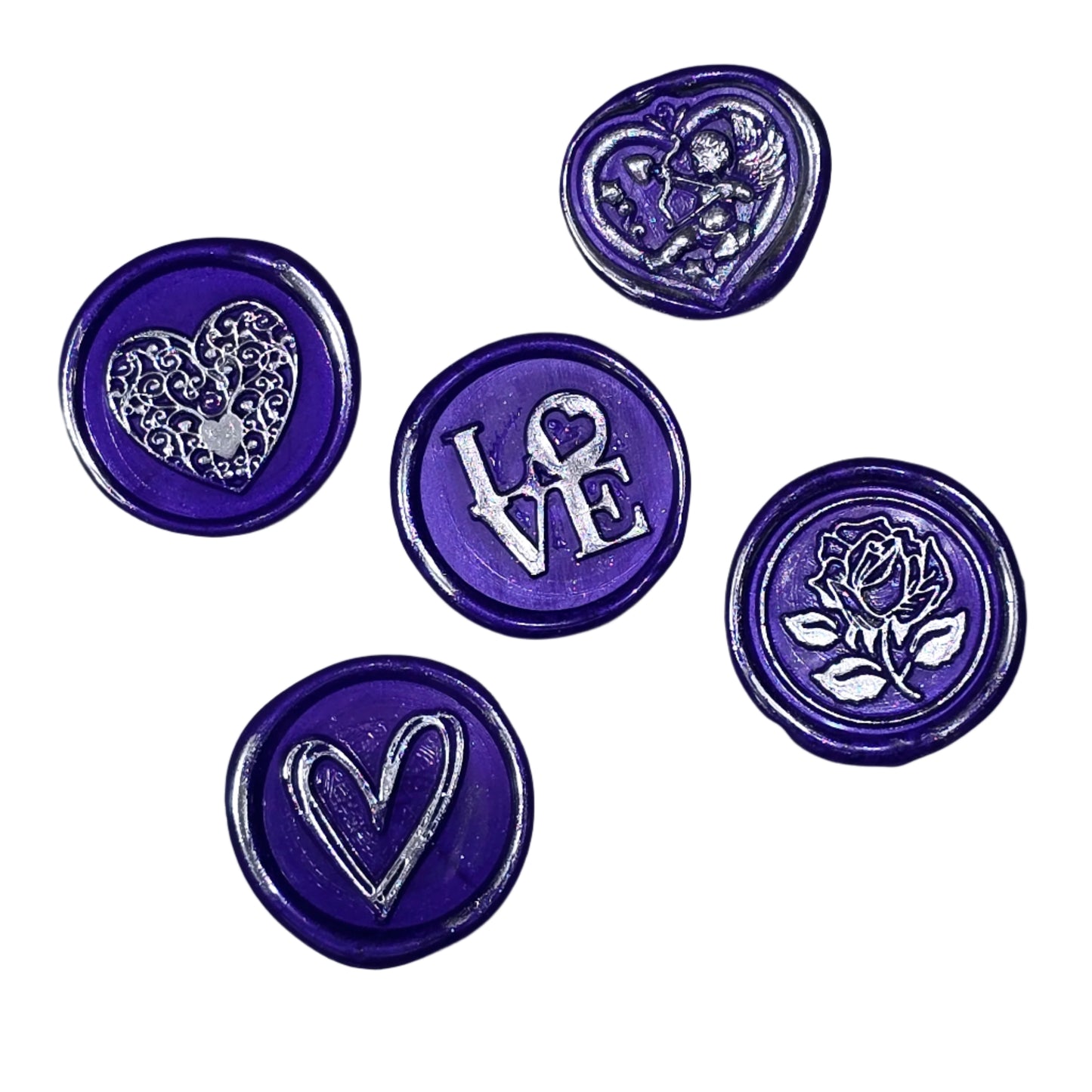 Wax Seals Purple Silver Assorted Styles Set of Five - Handmade Adhesive Seals for Cards, Gifts & More with Hearts, Rose & Love Design
