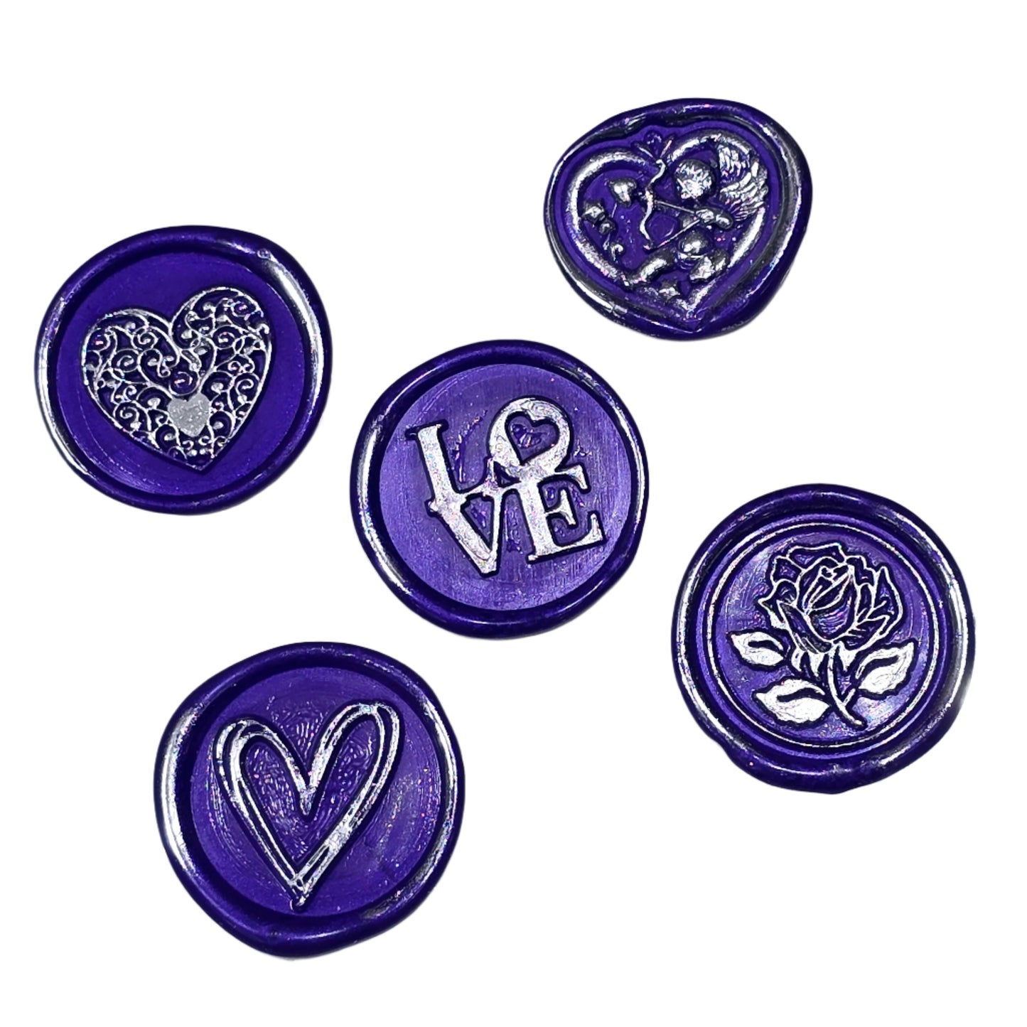 Wax Seals Purple Silver Assorted Styles Set of Five - Handmade Adhesive Seals for Cards, Gifts & More with Hearts, Rose & Love Design