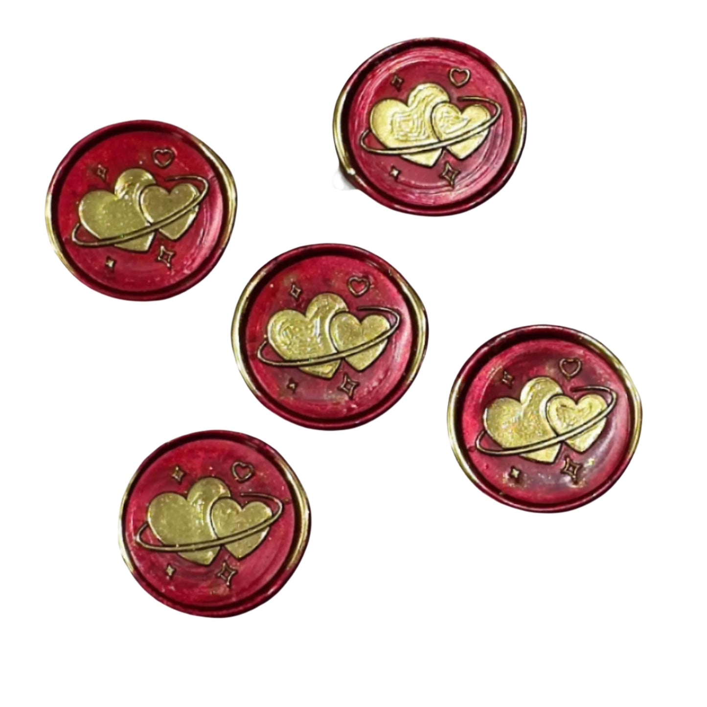 Wax Seals Red & Gold Hearts Set of Five, with Adhesive Wax Seals for Cards and Gifts
