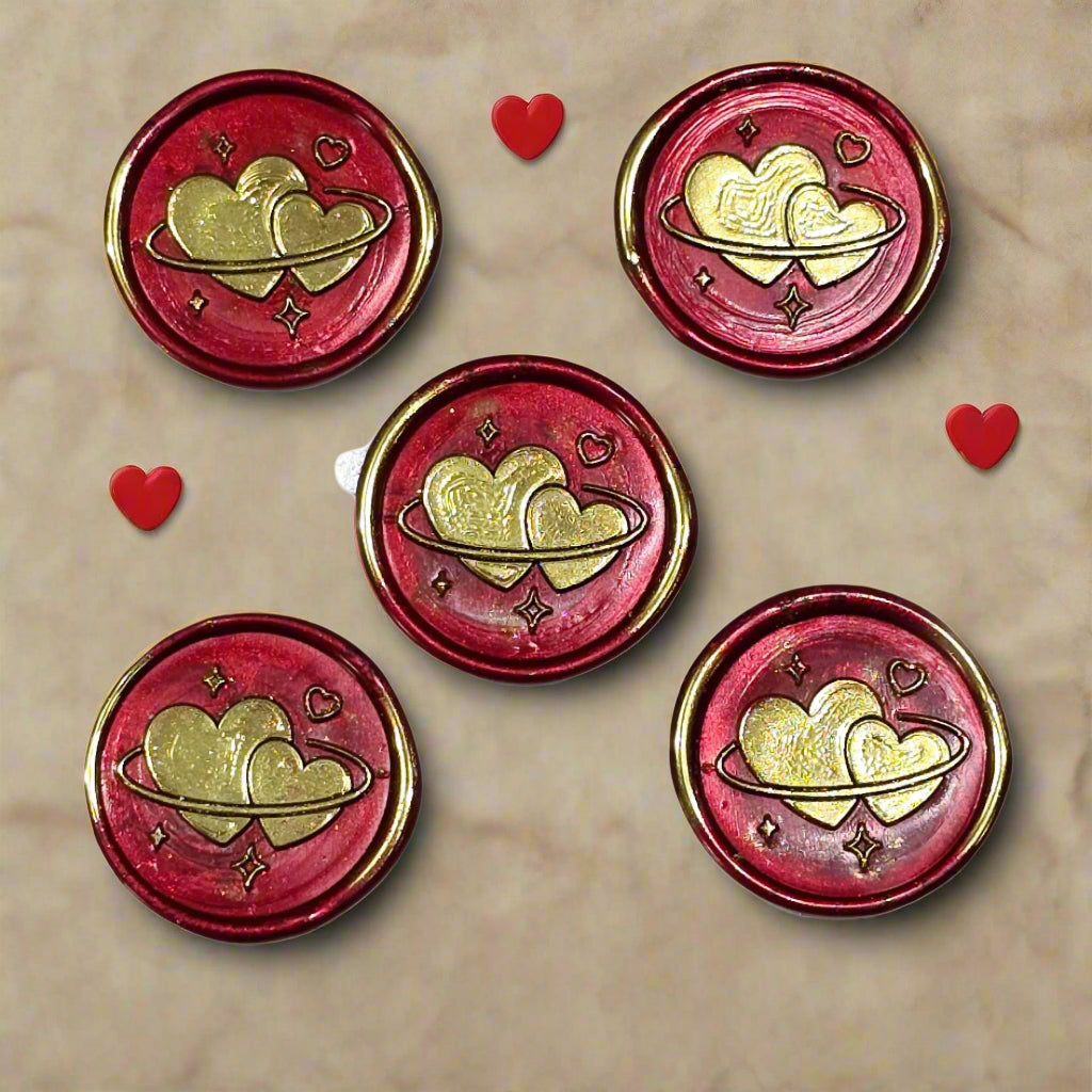 Wax Seals Red & Gold Hearts Set of Five, with Adhesive Wax Seals for Cards and Gifts