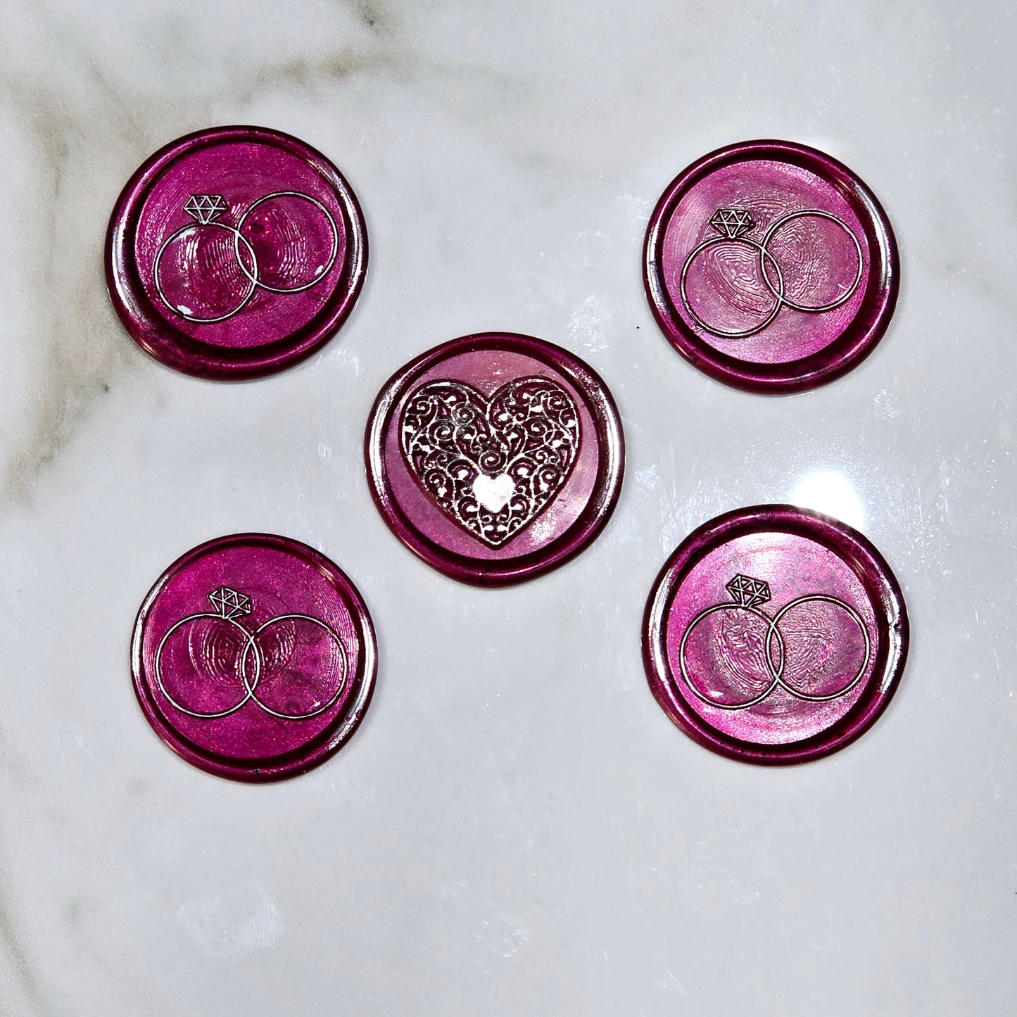 Wax seals mulberry red & silver rings and heart set of five, with adhesive backing for cards, letters and gifts