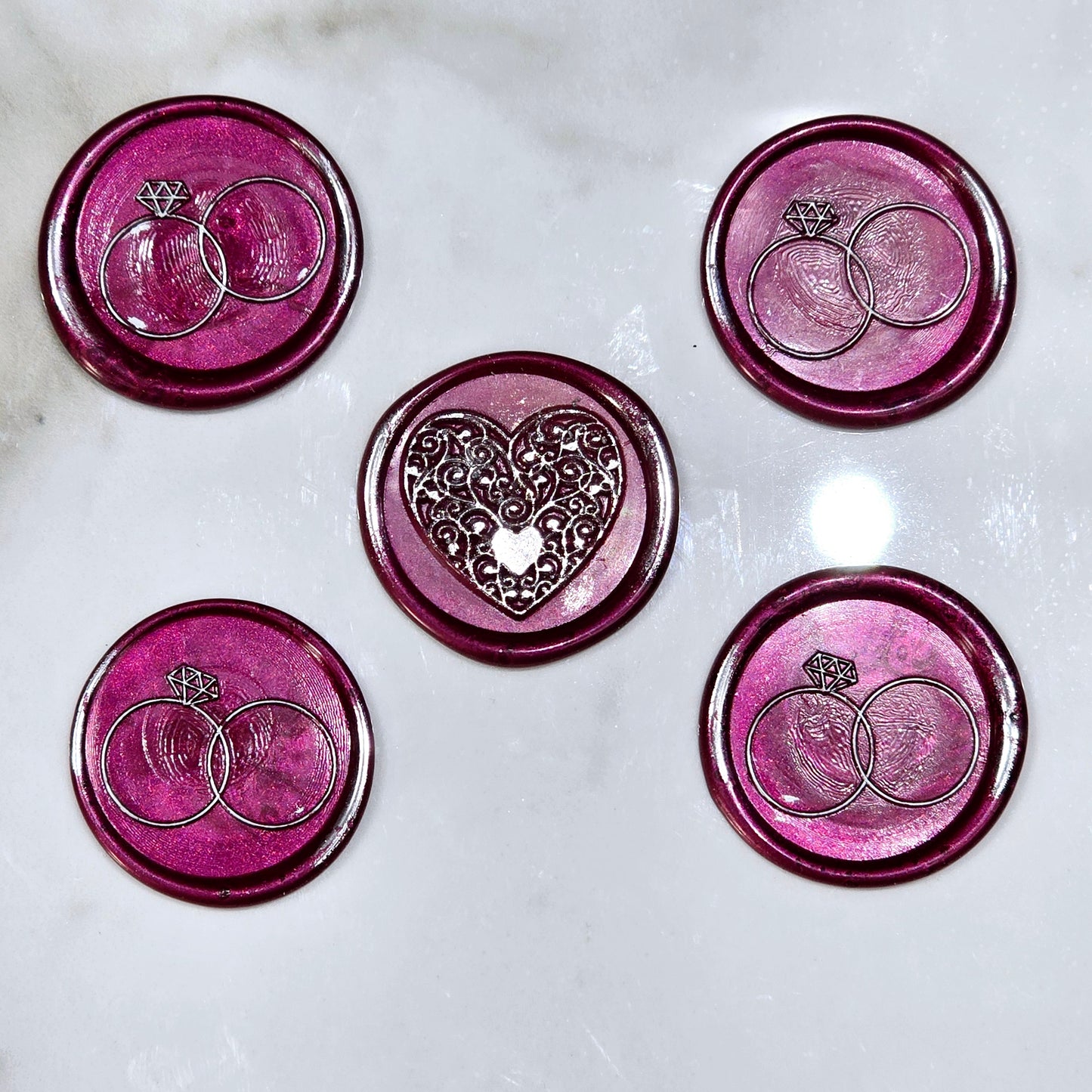 Wax seals mulberry red & silver rings and heart set of five, with adhesive backing for cards, letters and gifts