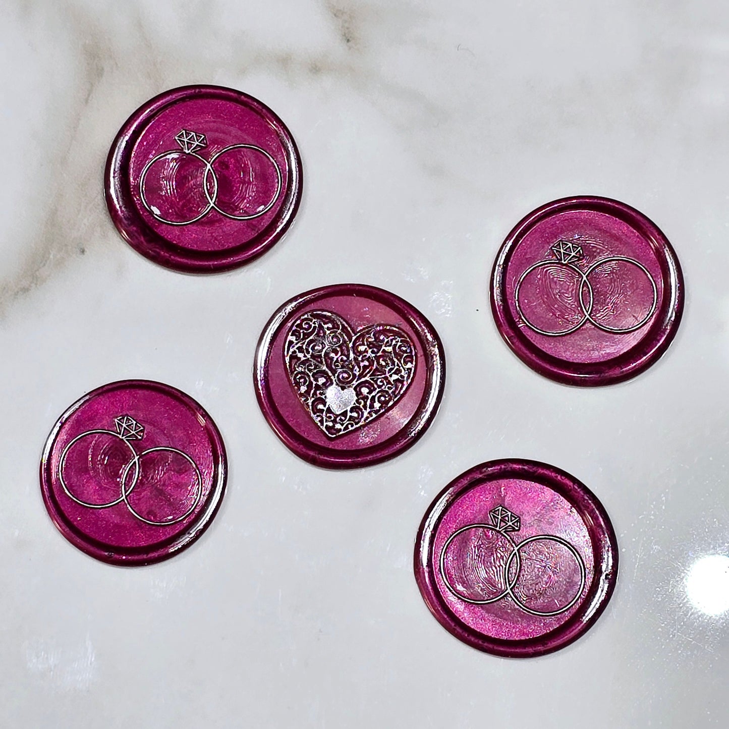 Wax seals mulberry red & silver rings and heart set of five, with adhesive backing for cards, letters and gifts