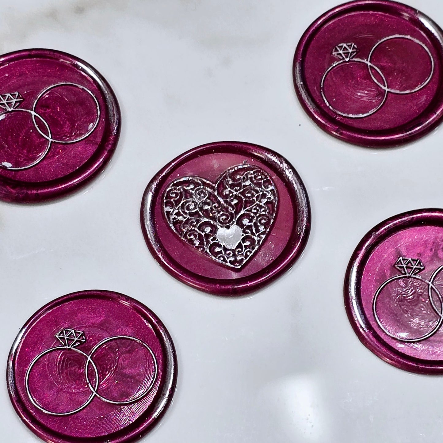 Wax seals mulberry red & silver rings and heart set of five, with adhesive backing for cards, letters and gifts