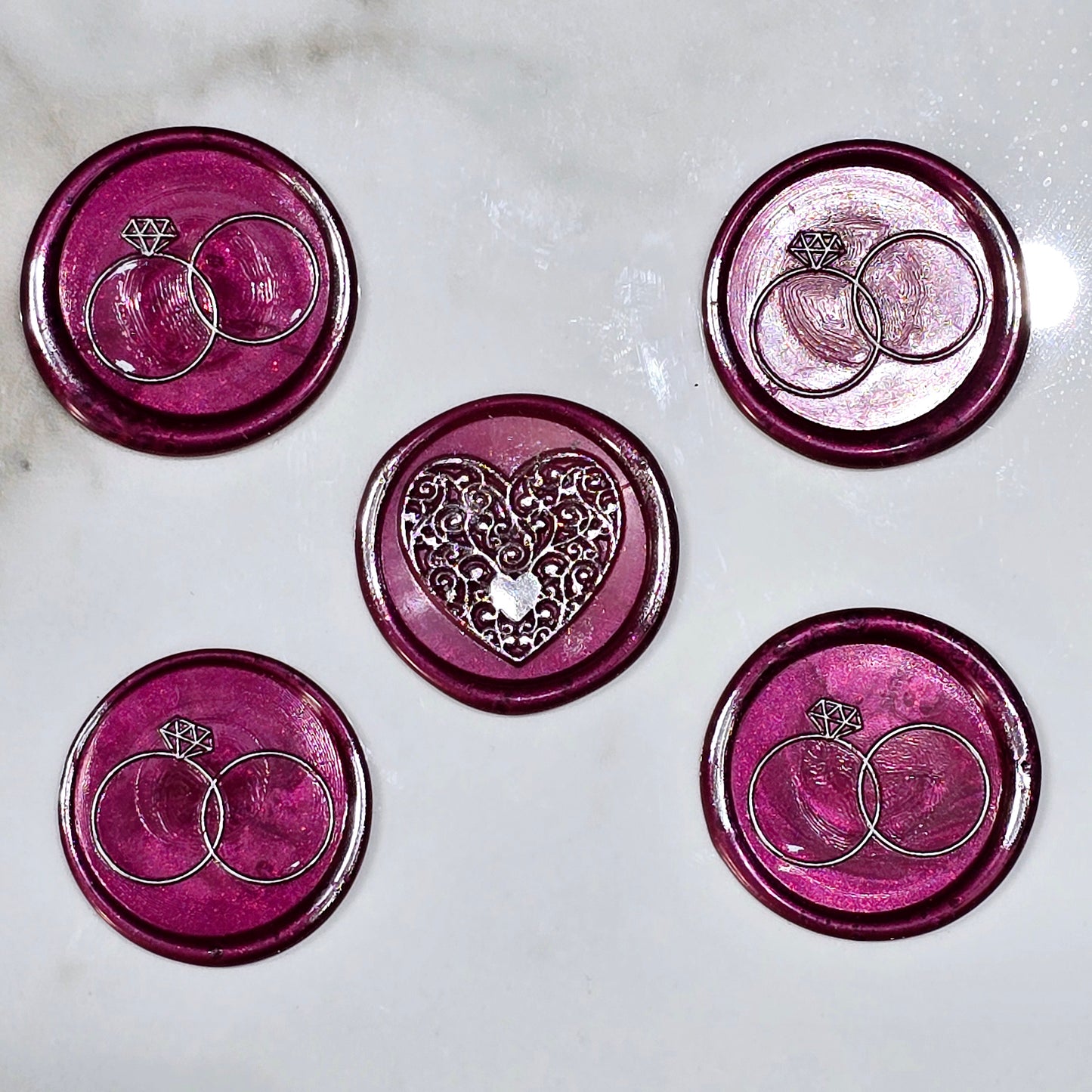 Wax seals mulberry red & silver rings and heart set of five, with adhesive backing for cards, letters and gifts