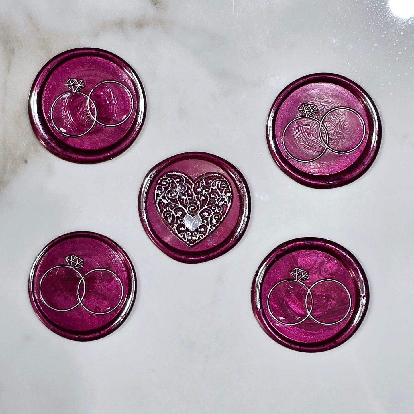 Wax seals mulberry red & silver rings and heart set of five, with adhesive backing for cards, letters and gifts