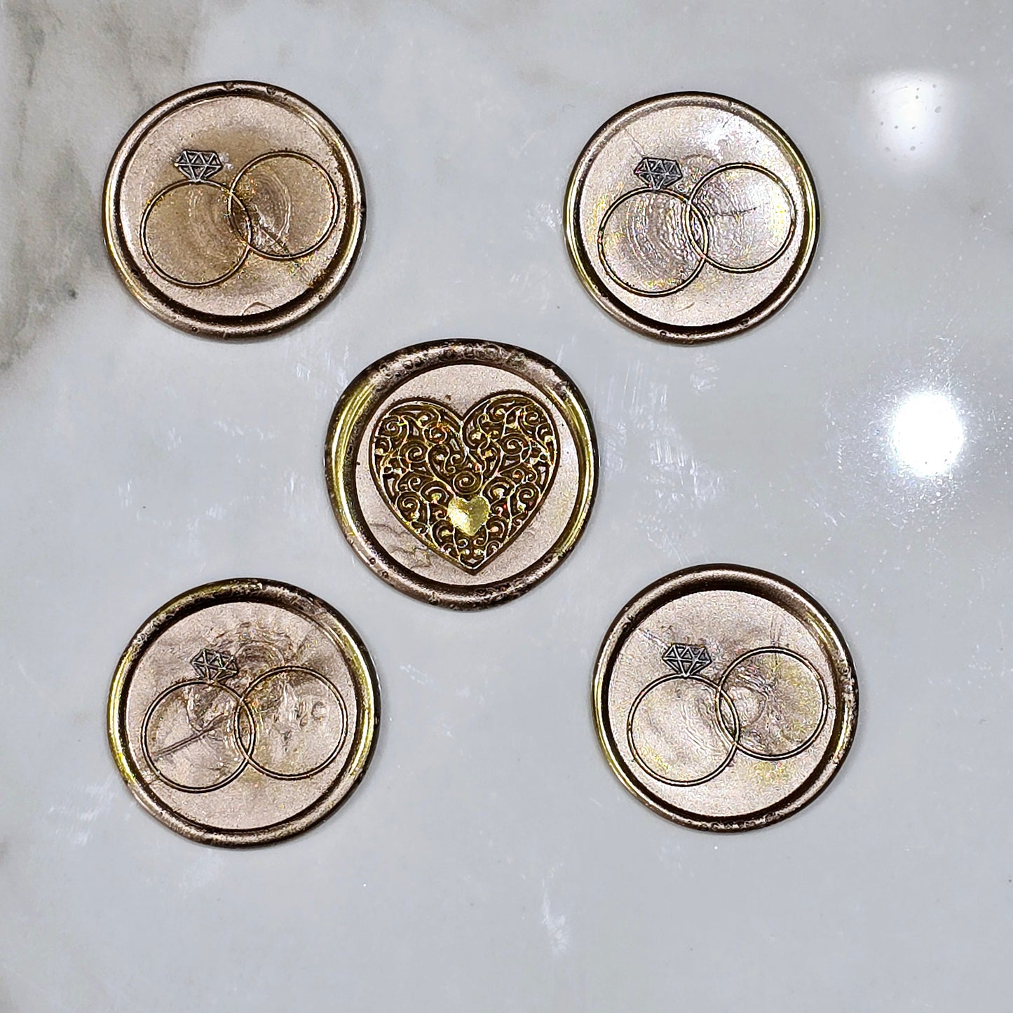 Wax seals taupe & gold rings and heart set of five, with adhesive backing for cards, letters and gifts