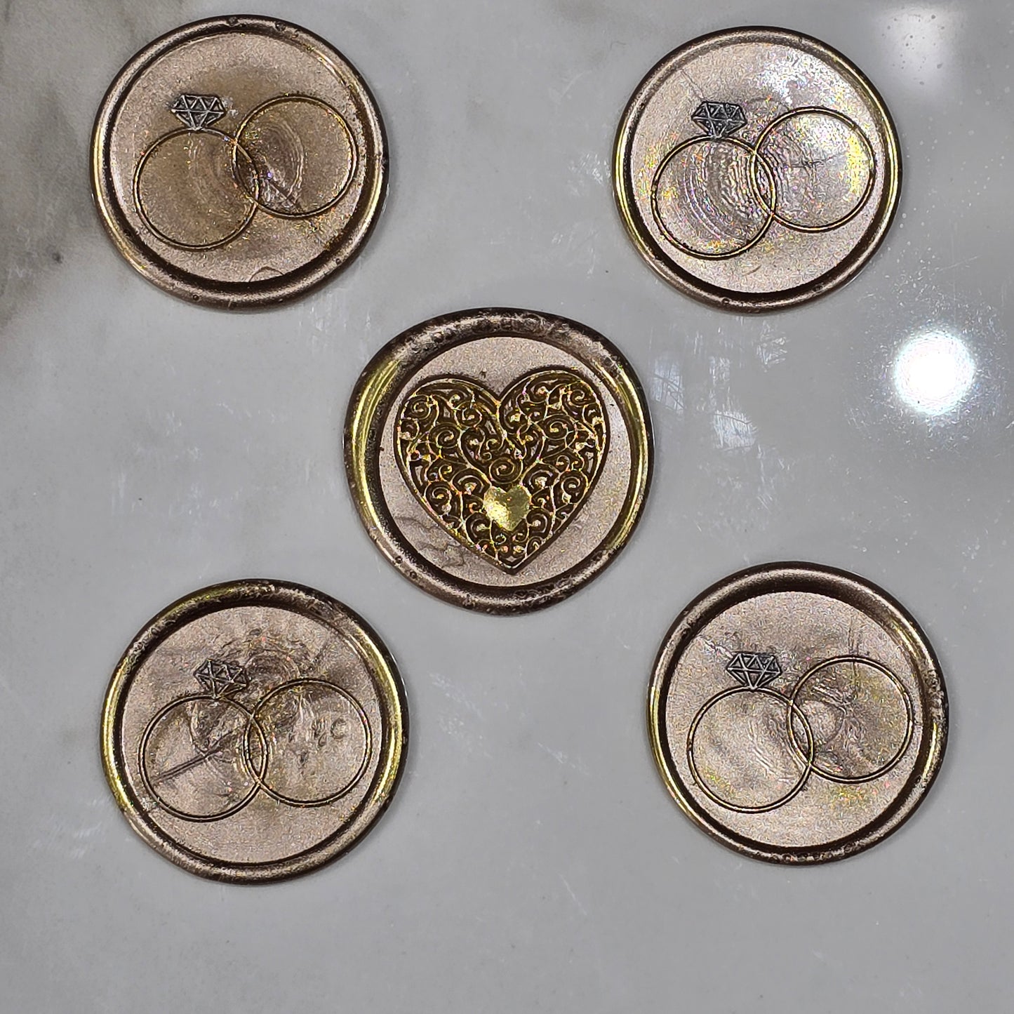 Wax seals taupe & gold rings and heart set of five, with adhesive backing for cards, letters and gifts