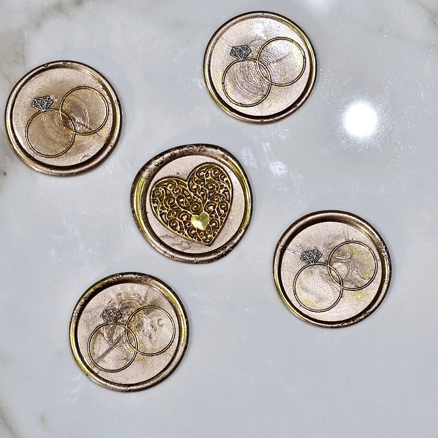 Wax seals taupe & gold rings and heart set of five, with adhesive backing for cards, letters and gifts