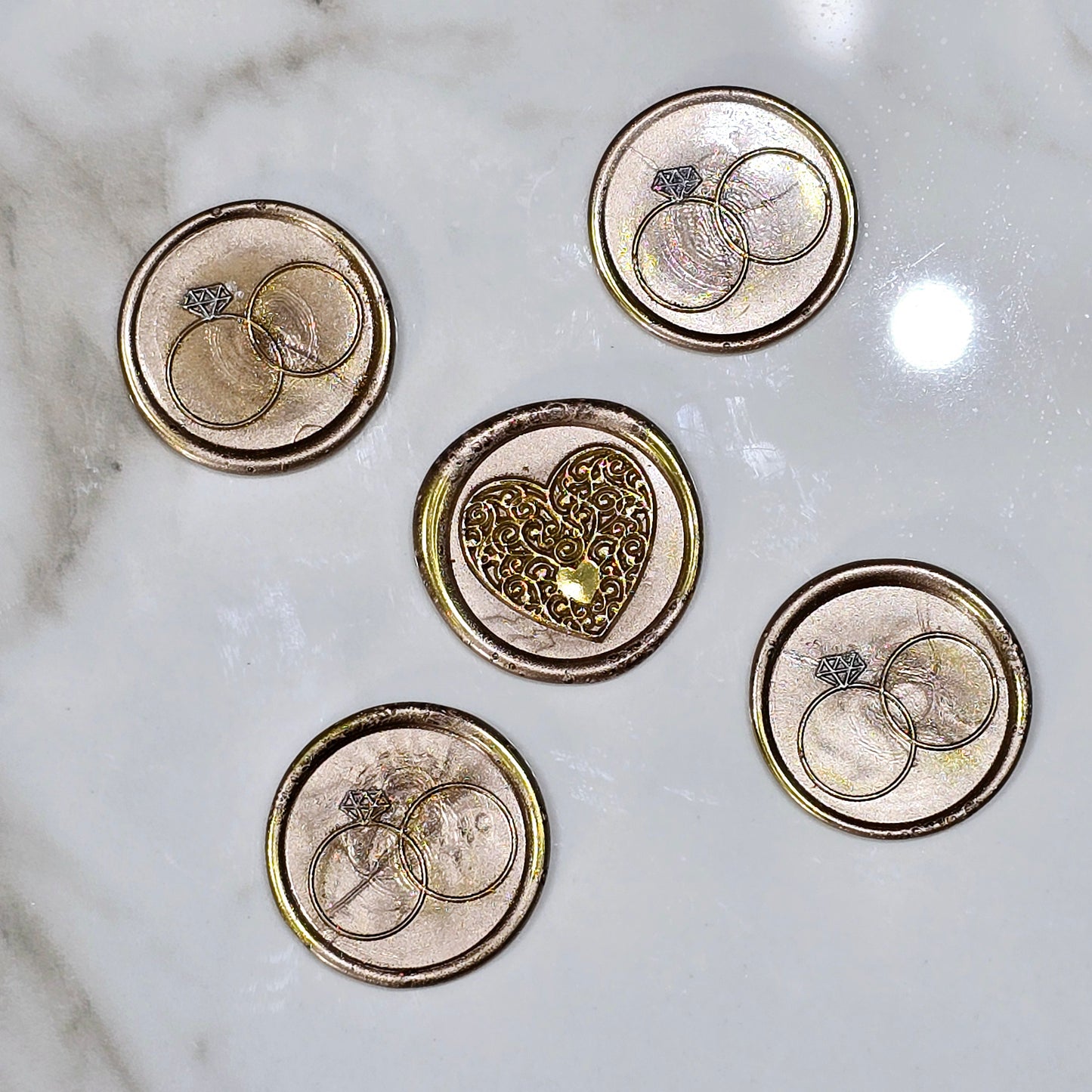 Wax seals taupe & gold rings and heart set of five, with adhesive backing for cards, letters and gifts