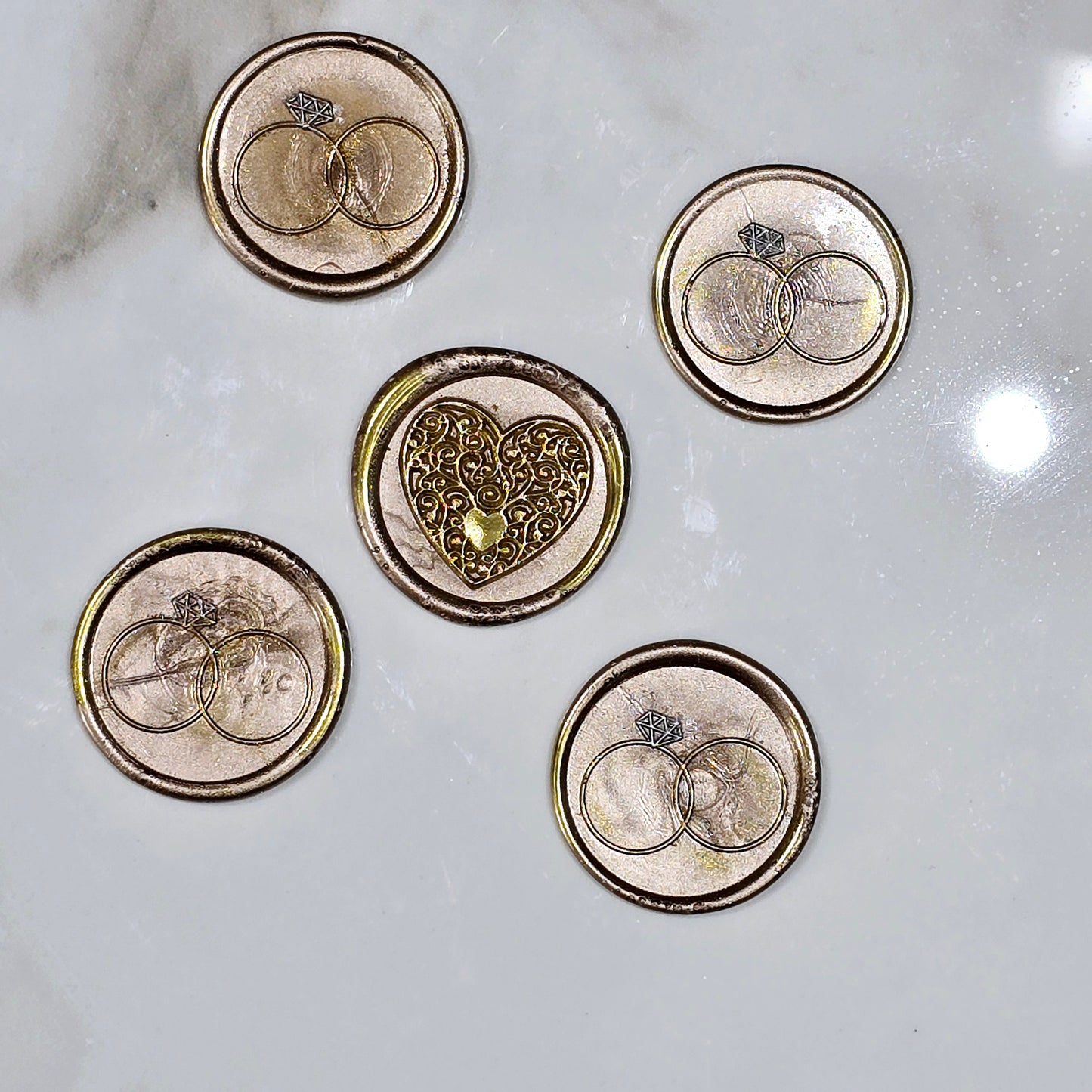 Wax seals taupe & gold rings and heart set of five, with adhesive backing for cards, letters and gifts