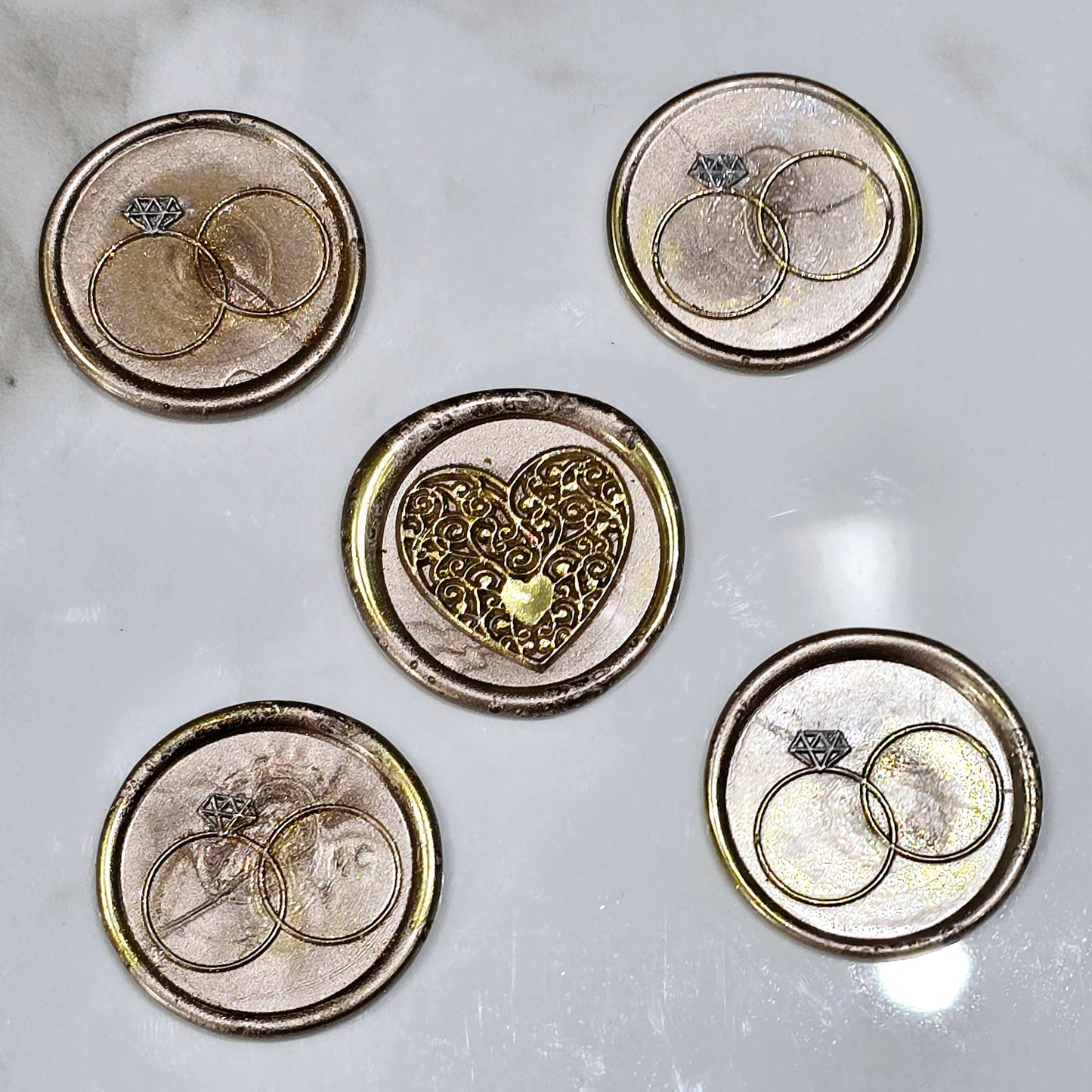 Wax seals taupe & gold rings and heart set of five, with adhesive backing for cards, letters and gifts