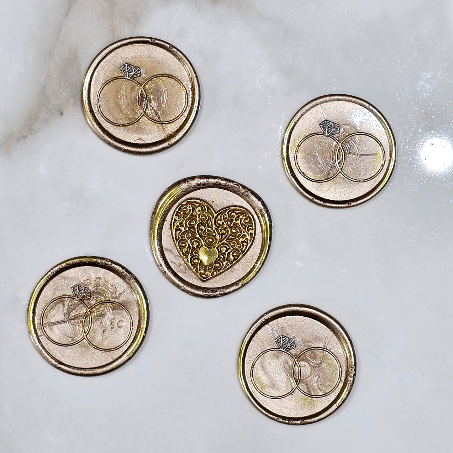 Wax seals taupe & gold rings and heart set of five, with adhesive backing for cards, letters and gifts
