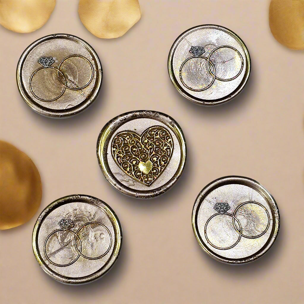 Wax seals taupe & gold rings and heart set of five, with adhesive backing for cards, letters and gifts